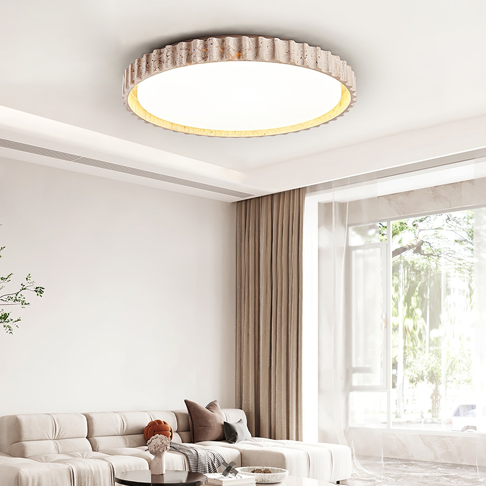 Elem Fluted Ring Travertine Ceiling Light-Neutral Decor