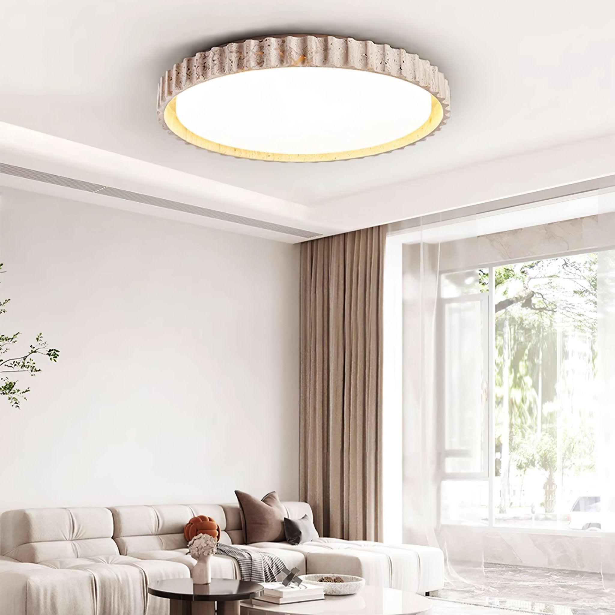 Elem Fluted Ring Travertine Ceiling Light-Neutral Decor
