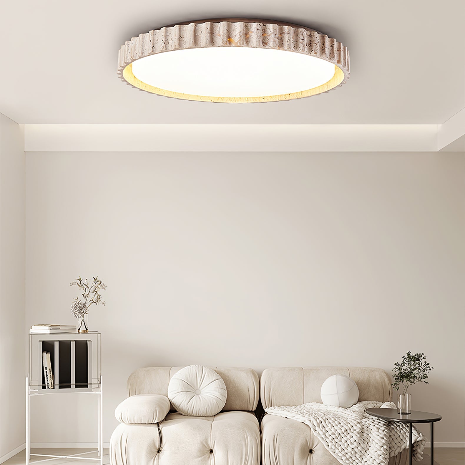 Kiven Fluted Ring Travertine Ceiling Light-Neutral Decor