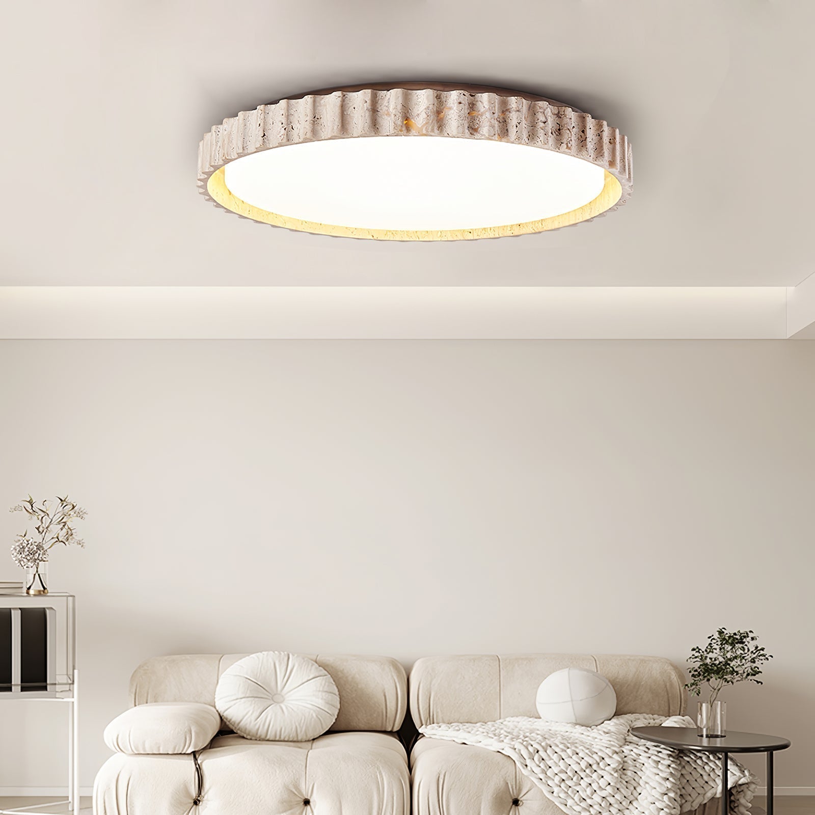 Kiven Fluted Ring Travertine Ceiling Light-Neutral Decor