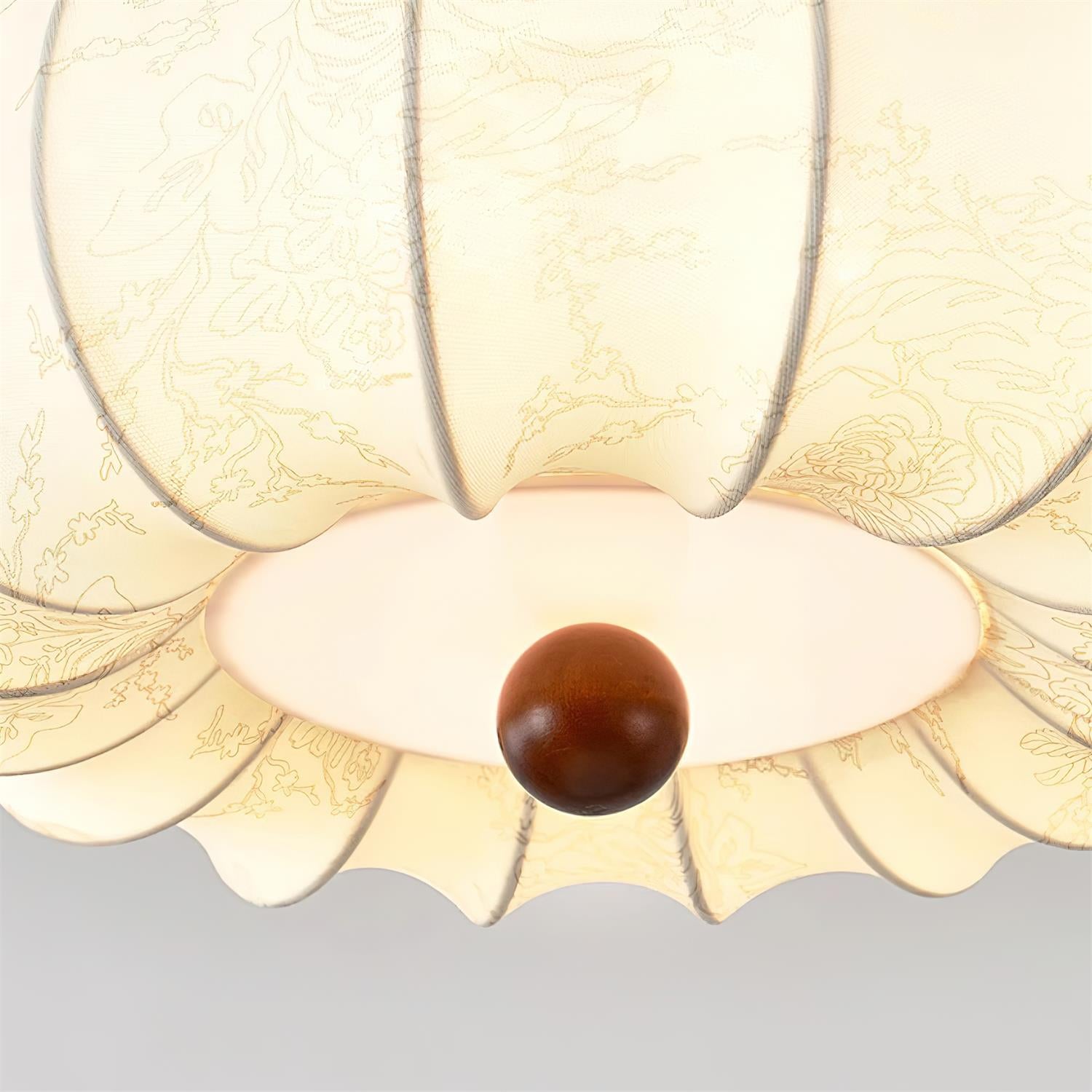 Ceiling Light Scalloped Fabric Shade Walnut Wood Canopy Vintage