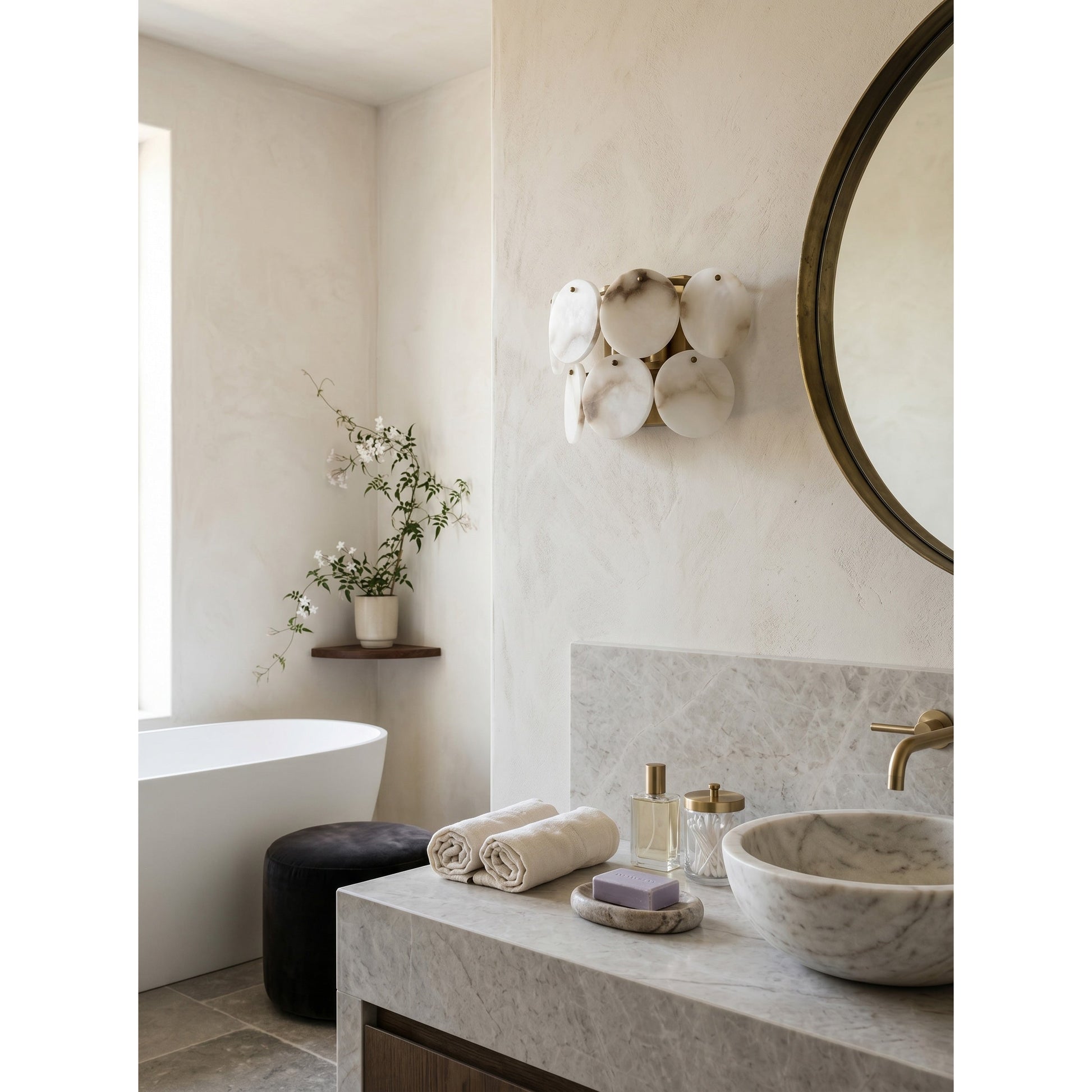 Riviera Alabaster Wall Lamp in a living room setting.