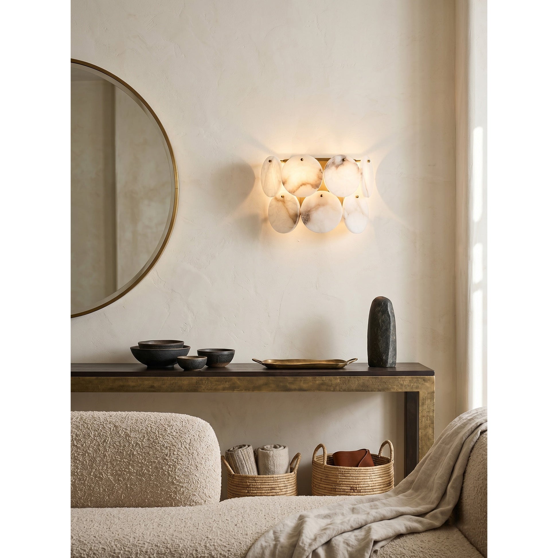 The wall lamp shown in a hallway for scale.