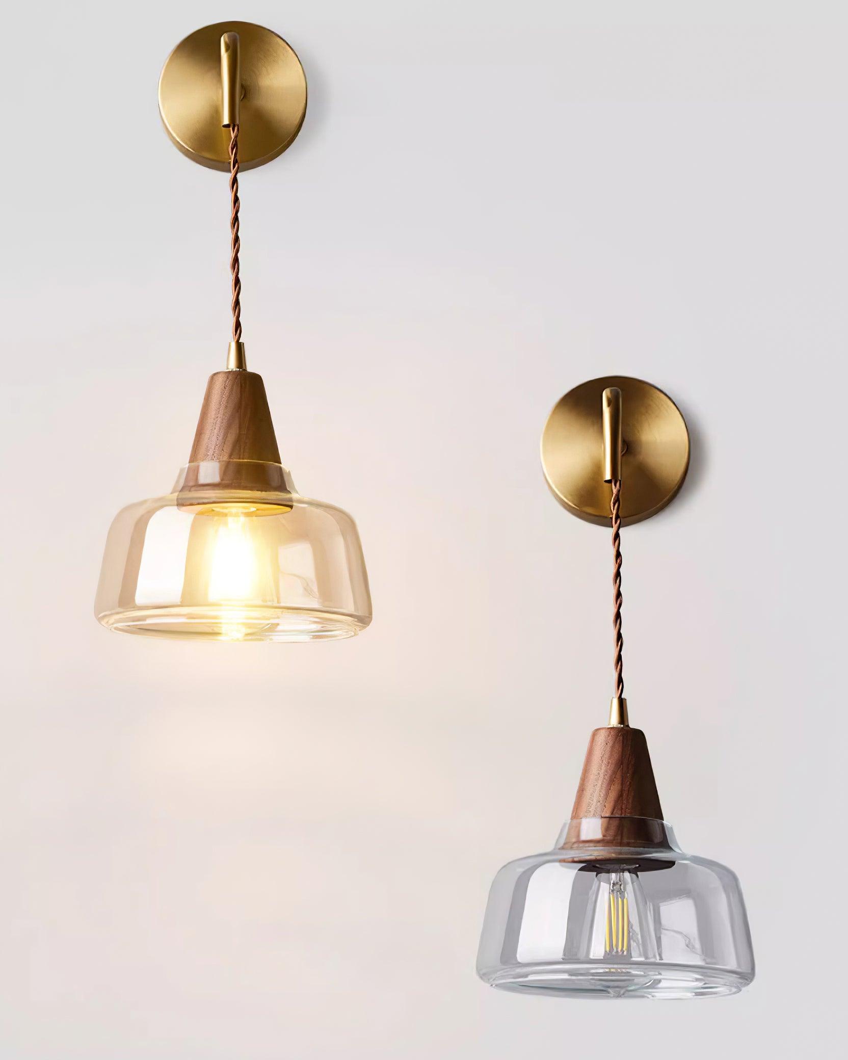 Wall Lamp Amber Glass Shade Tapered Walnut Accent Soft Glow Modern