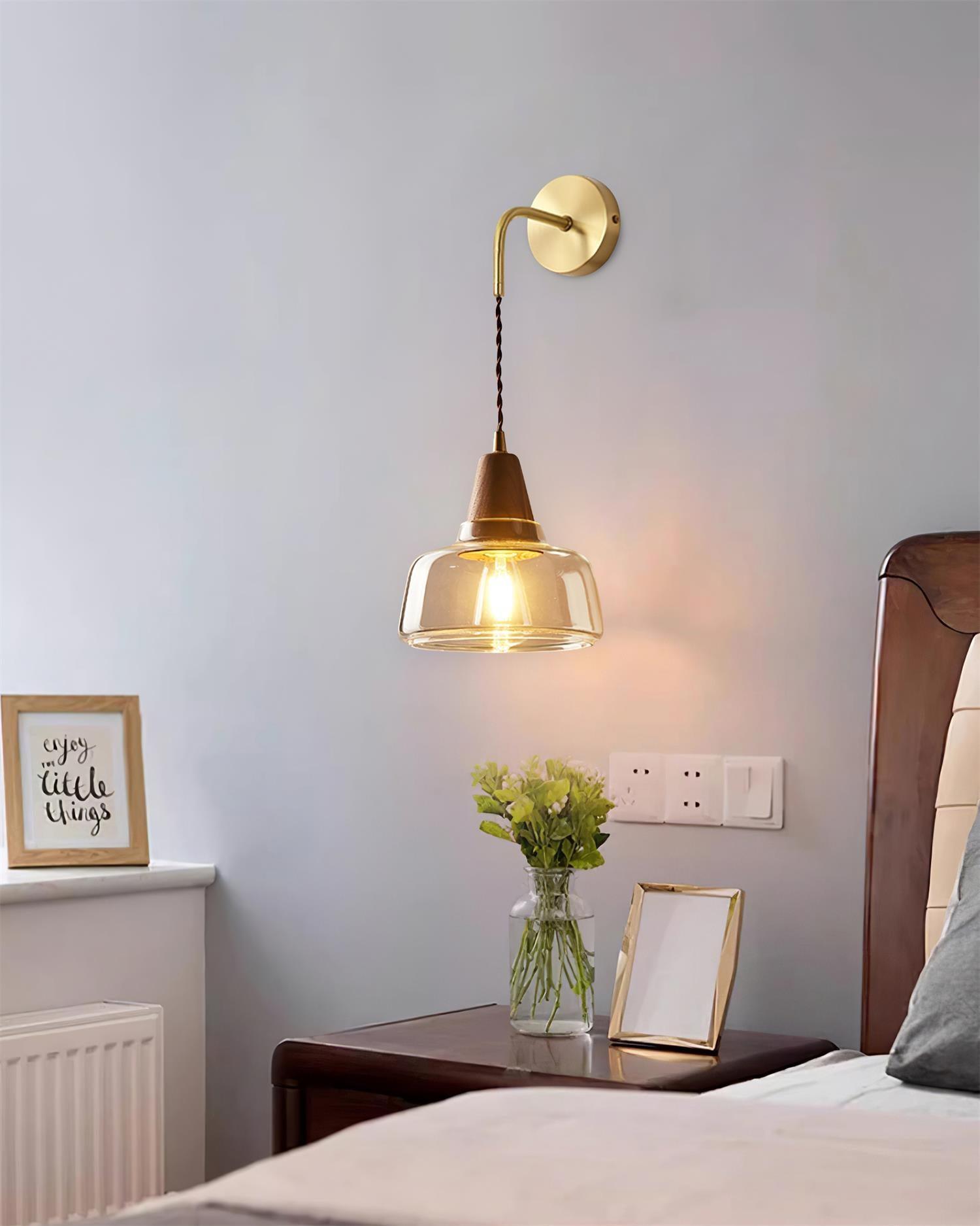 Wall Lamp Amber Glass Shade Tapered Walnut Accent Soft Glow Modern