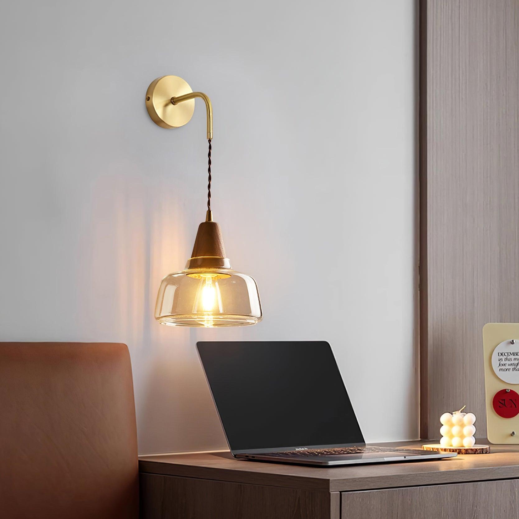 Wall Lamp Amber Glass Shade Tapered Walnut Accent Soft Glow Modern