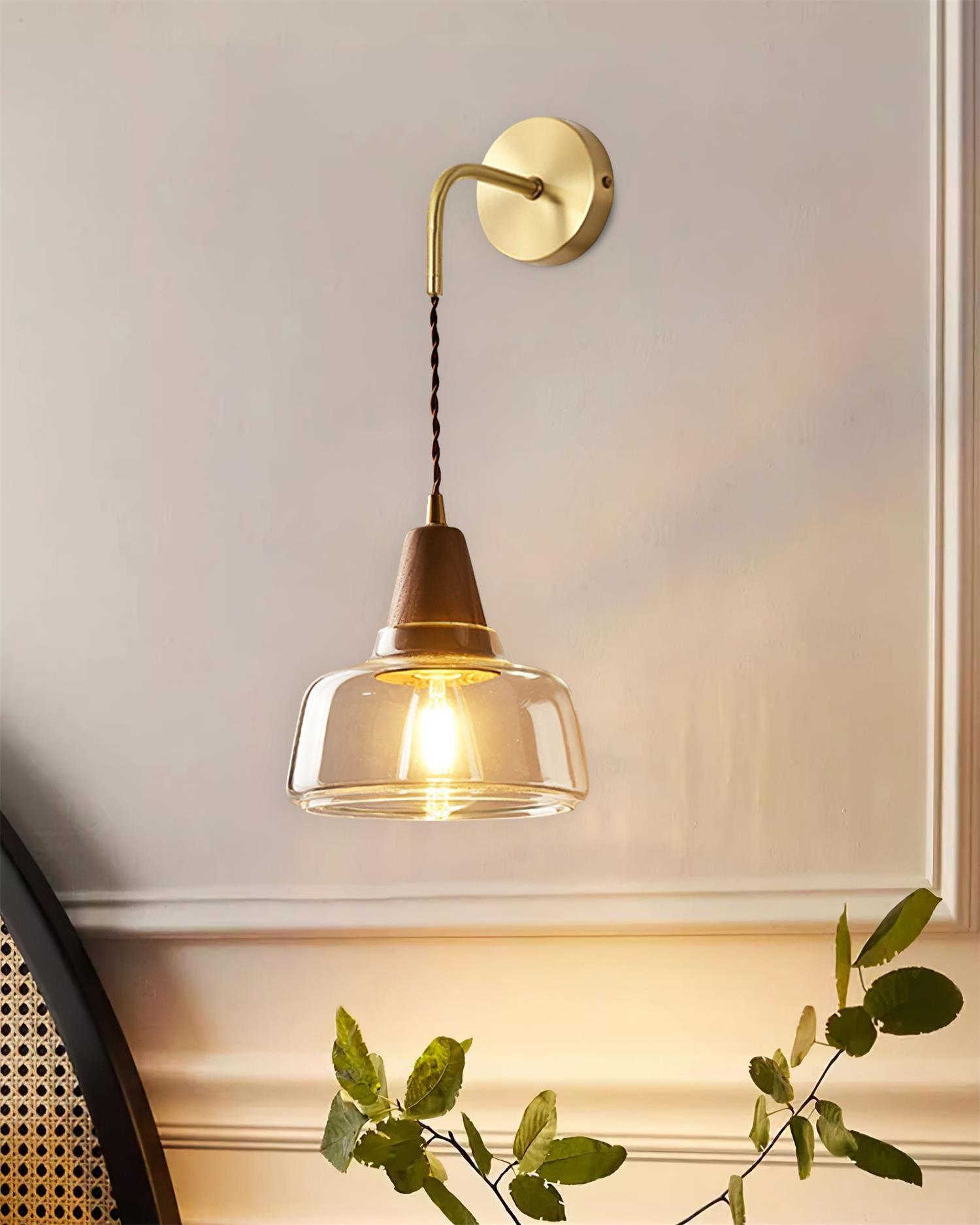 Wall Lamp Amber Glass Shade Tapered Walnut Accent Soft Glow Modern