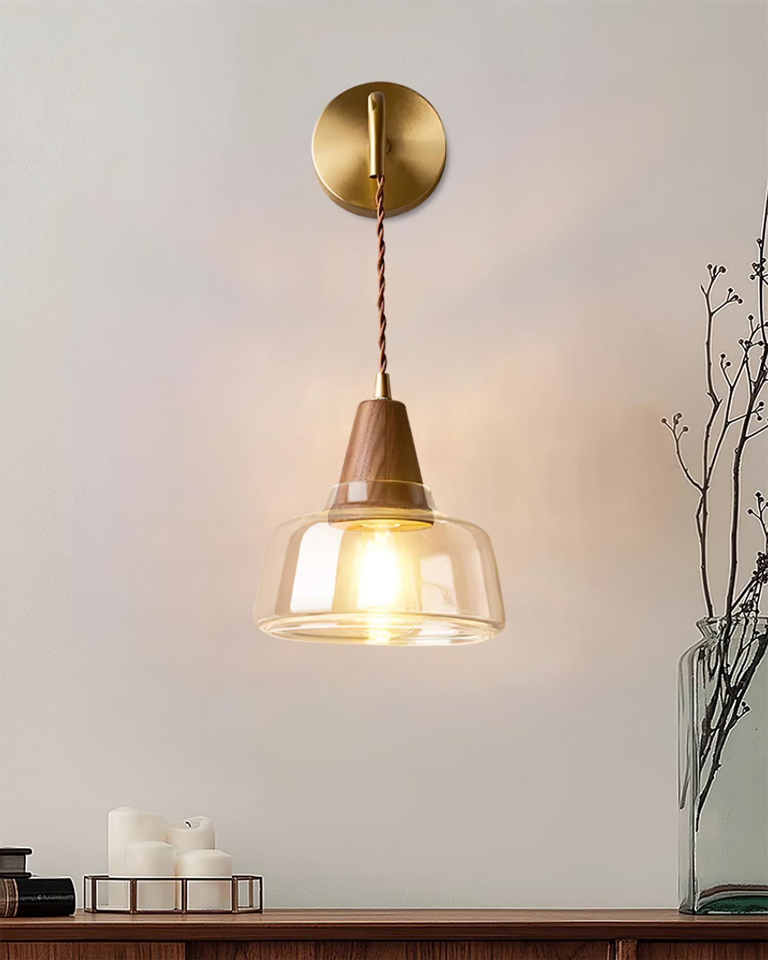 Wall Lamp Amber Glass Shade Tapered Walnut Accent Soft Glow Modern