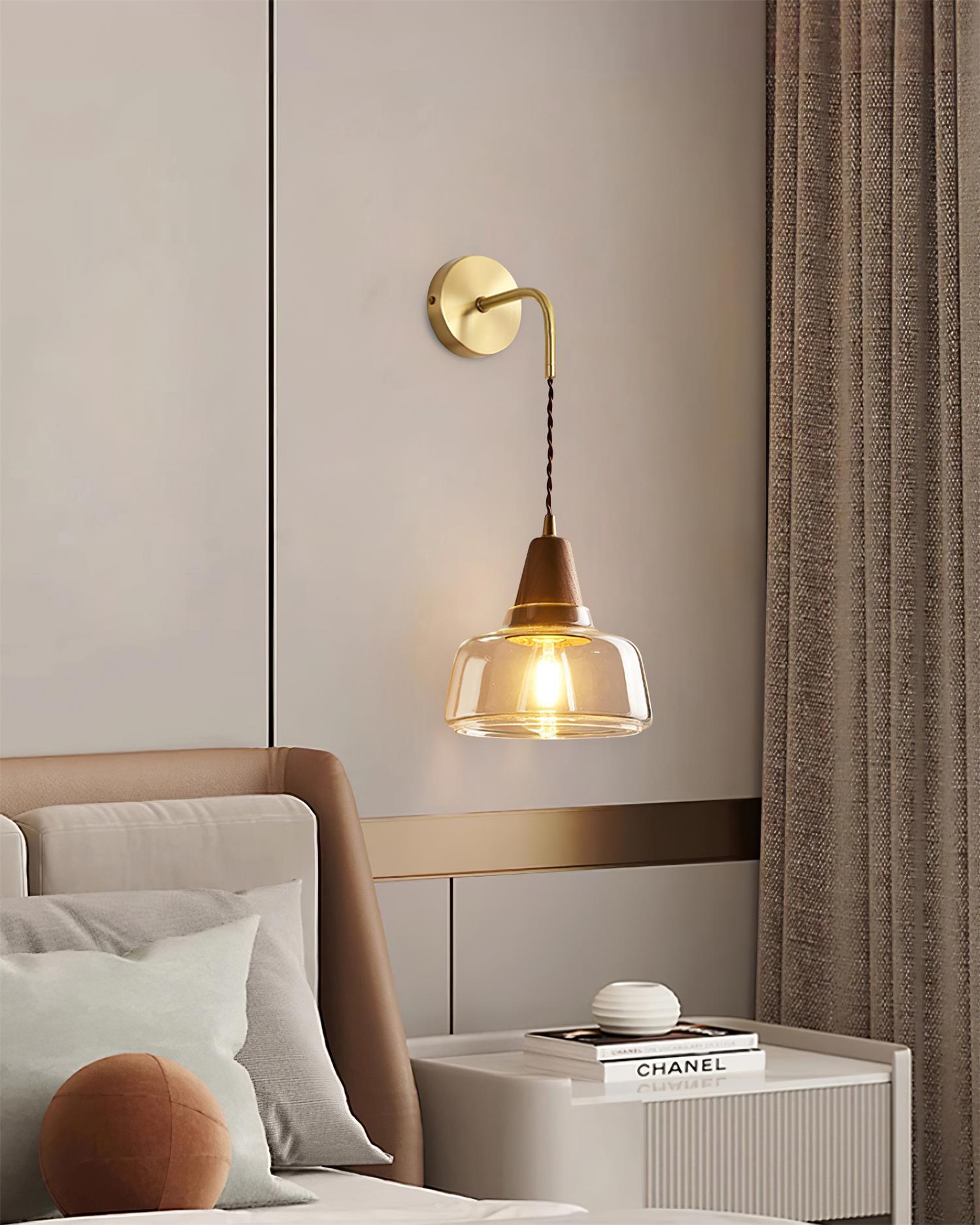 Wall Lamp Amber Glass Shade Tapered Walnut Accent Soft Glow Modern