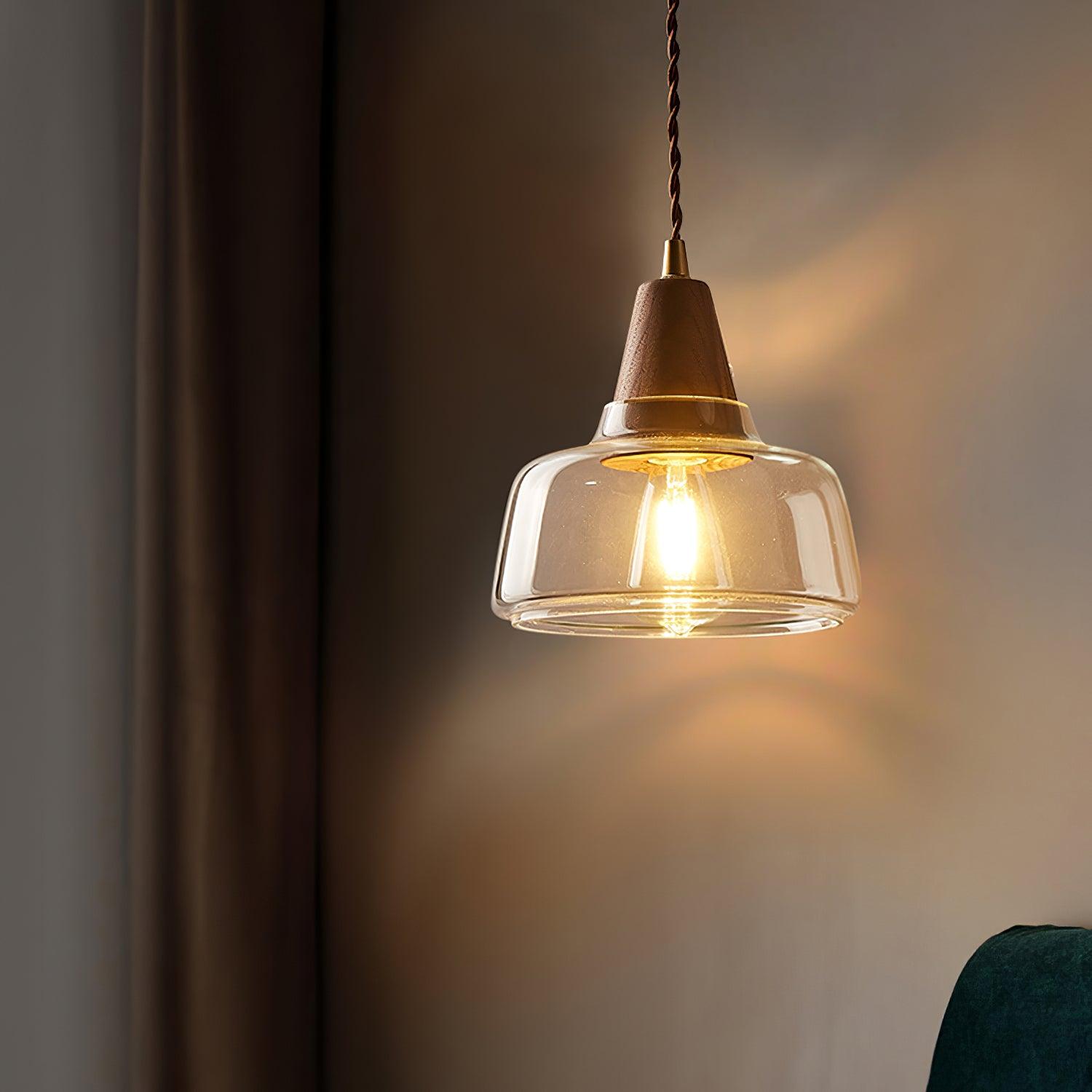 Wall Lamp Amber Glass Shade Tapered Walnut Accent Soft Glow Modern