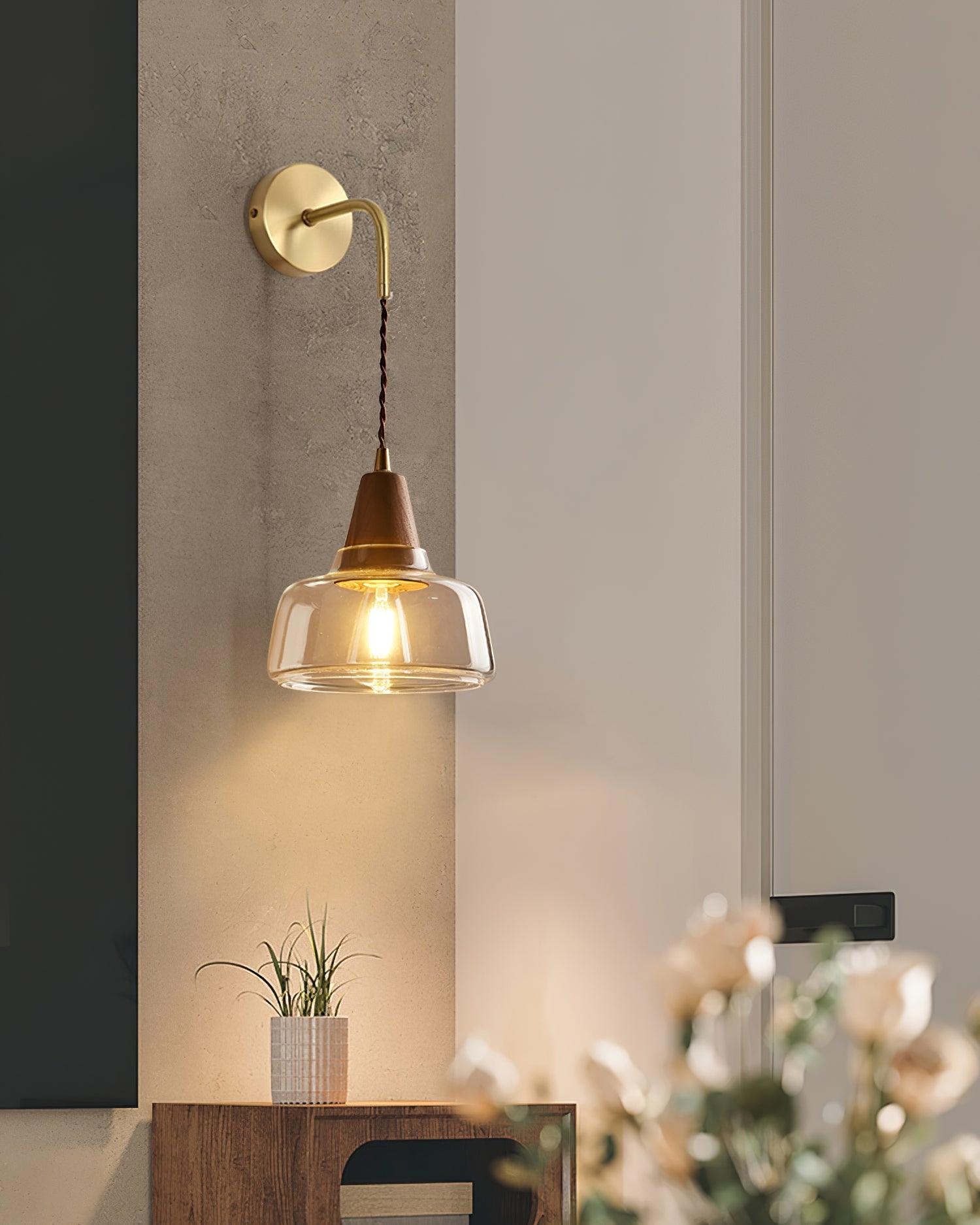 Wall Lamp Amber Glass Shade Tapered Walnut Accent Soft Glow Modern
