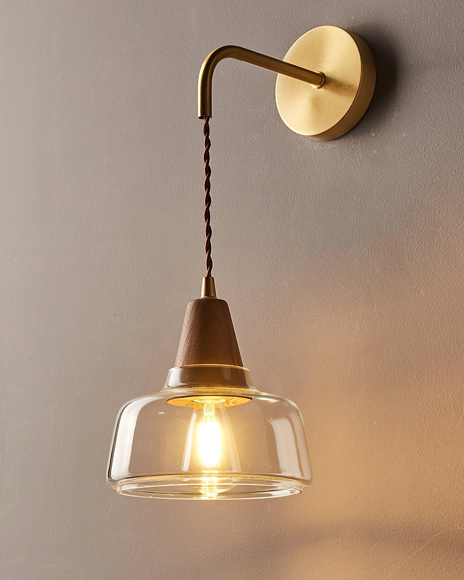 Wall Lamp Amber Glass Shade Tapered Walnut Accent Soft Glow Modern