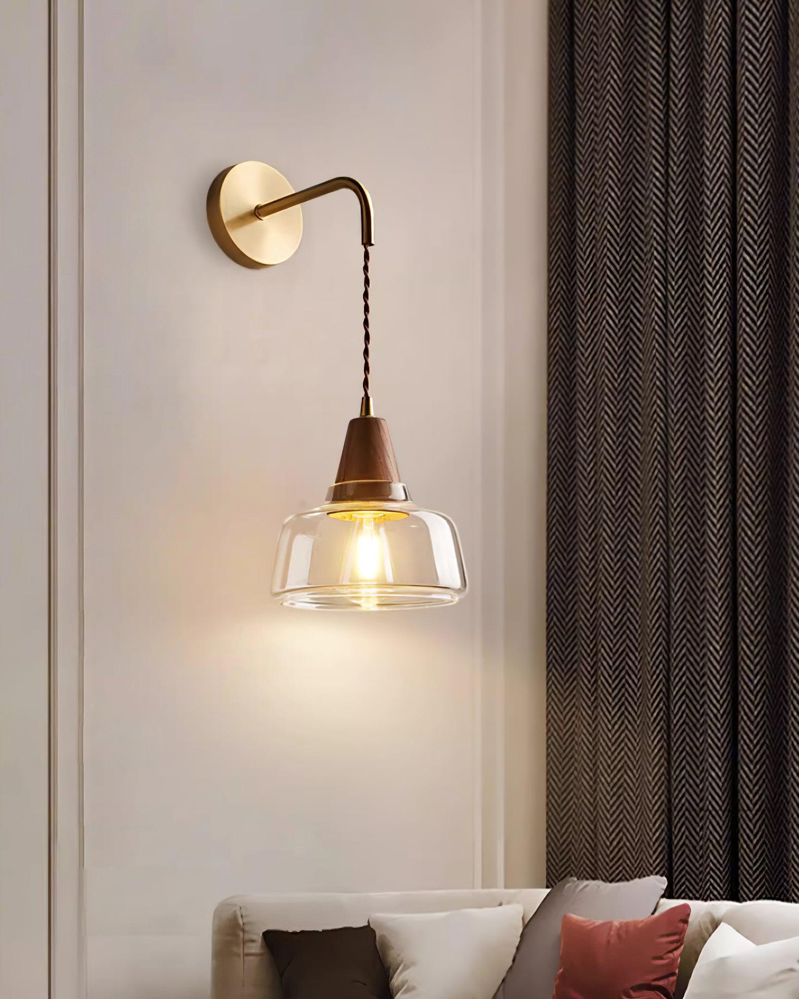 Wall Lamp Amber Glass Shade Tapered Walnut Accent Soft Glow Modern