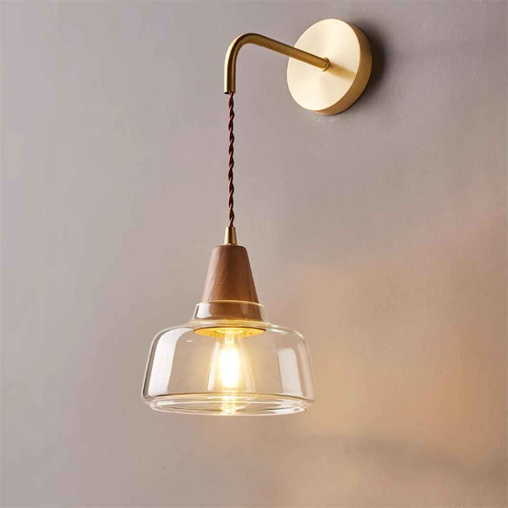 Wall Lamp Amber Glass Shade Tapered Walnut Accent Soft Glow Modern