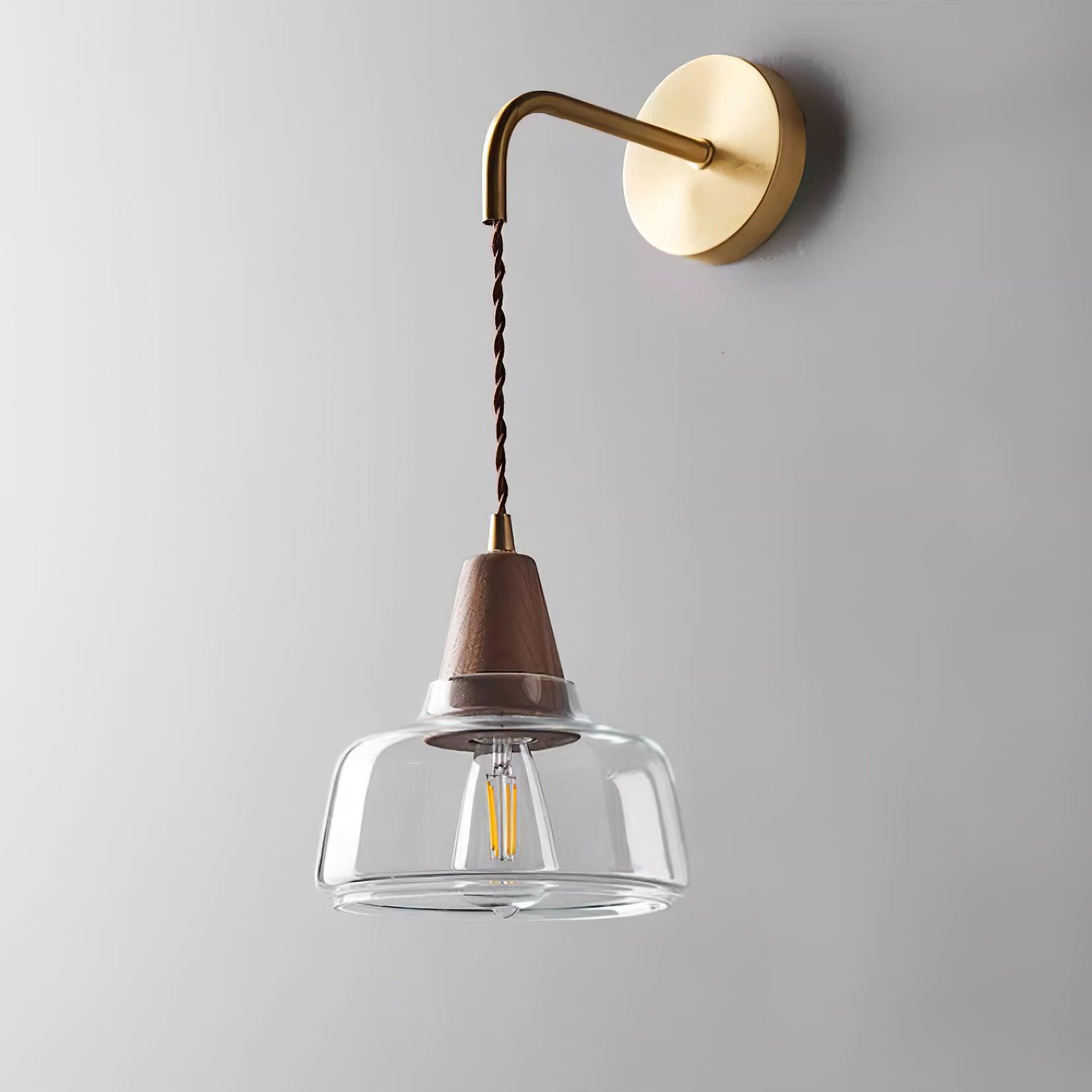 Wall Lamp Amber Glass Shade Tapered Walnut Accent Soft Glow Modern