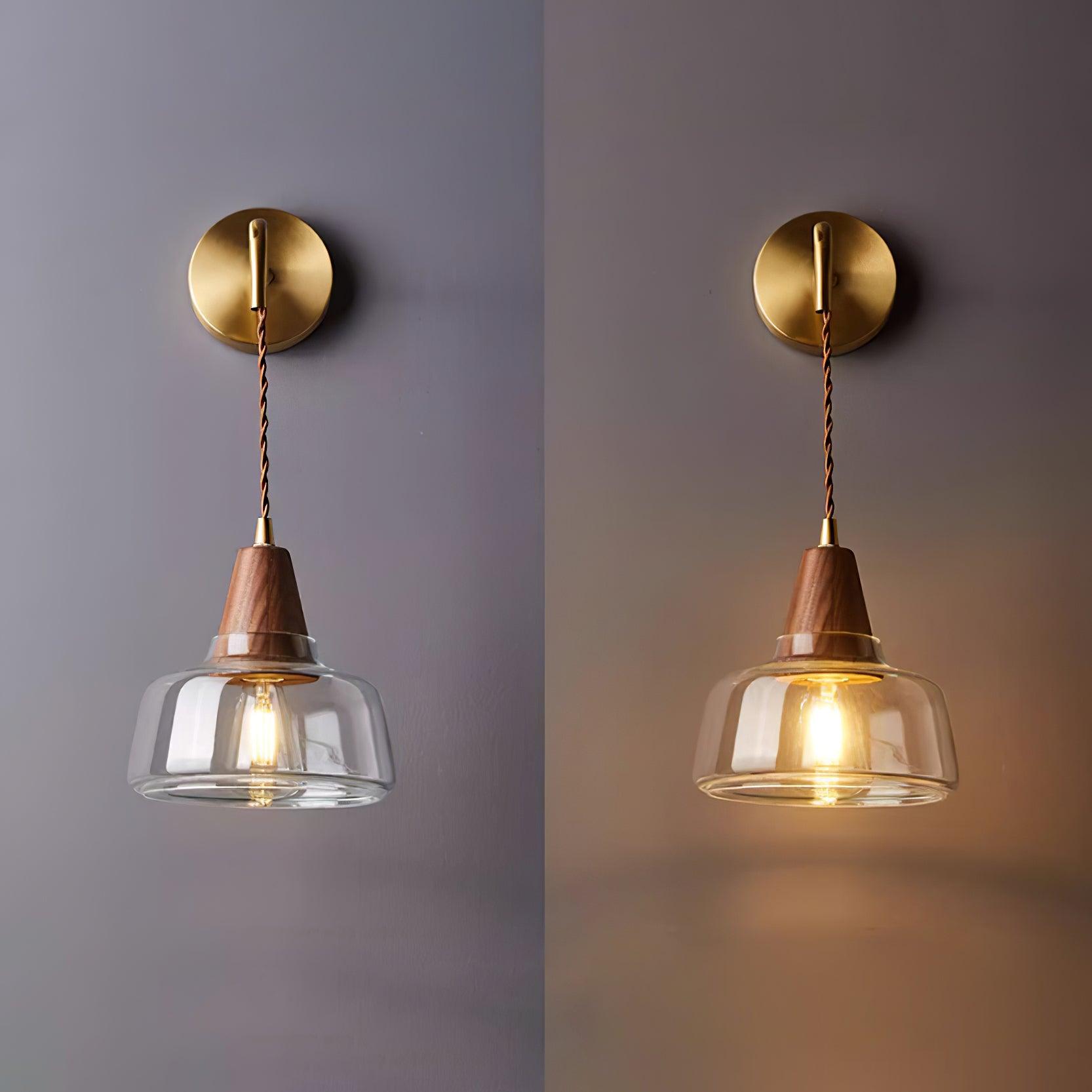 Wall Lamp Amber Glass Shade Tapered Walnut Accent Soft Glow Modern