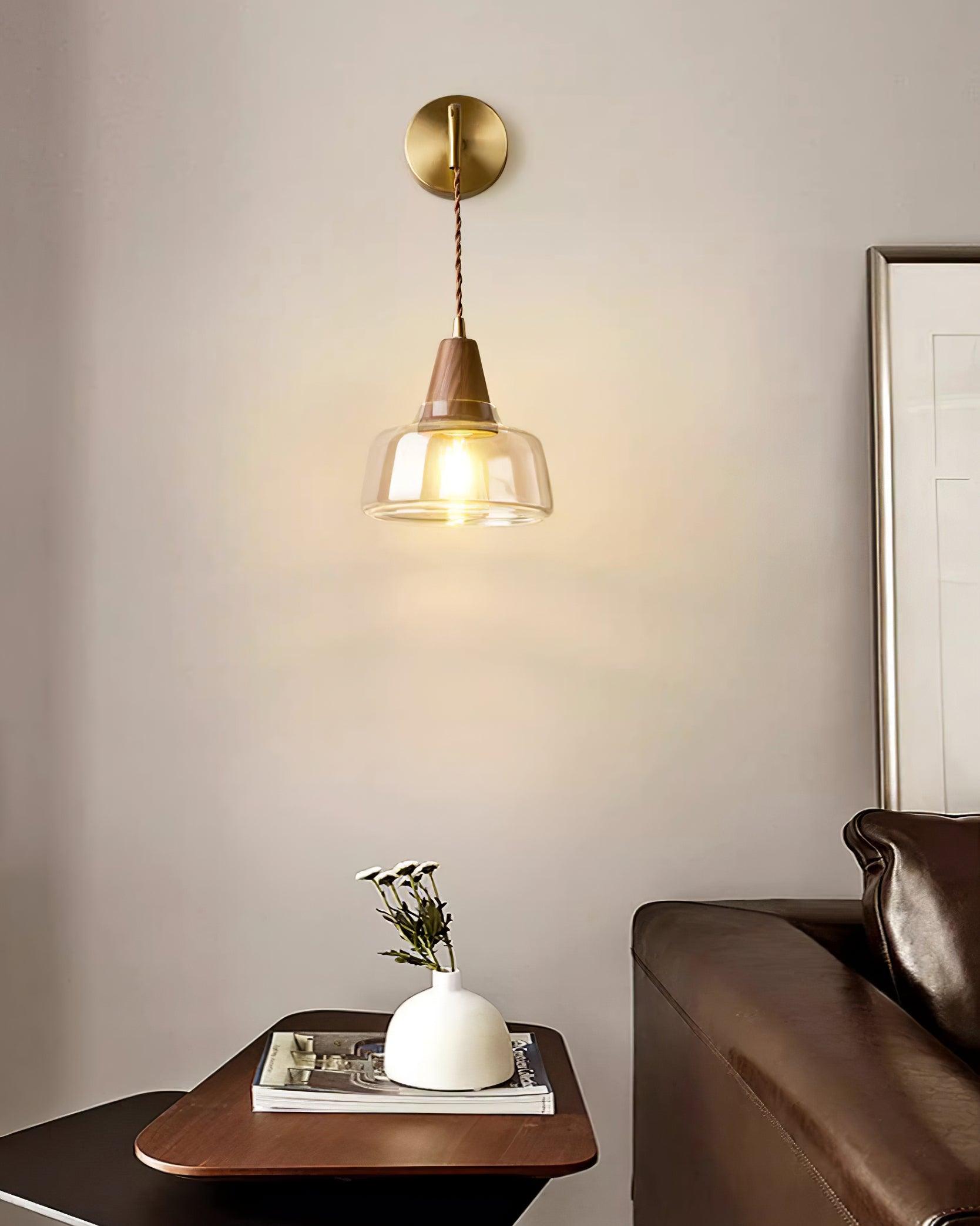 Wall Lamp Amber Glass Shade Tapered Walnut Accent Soft Glow Modern