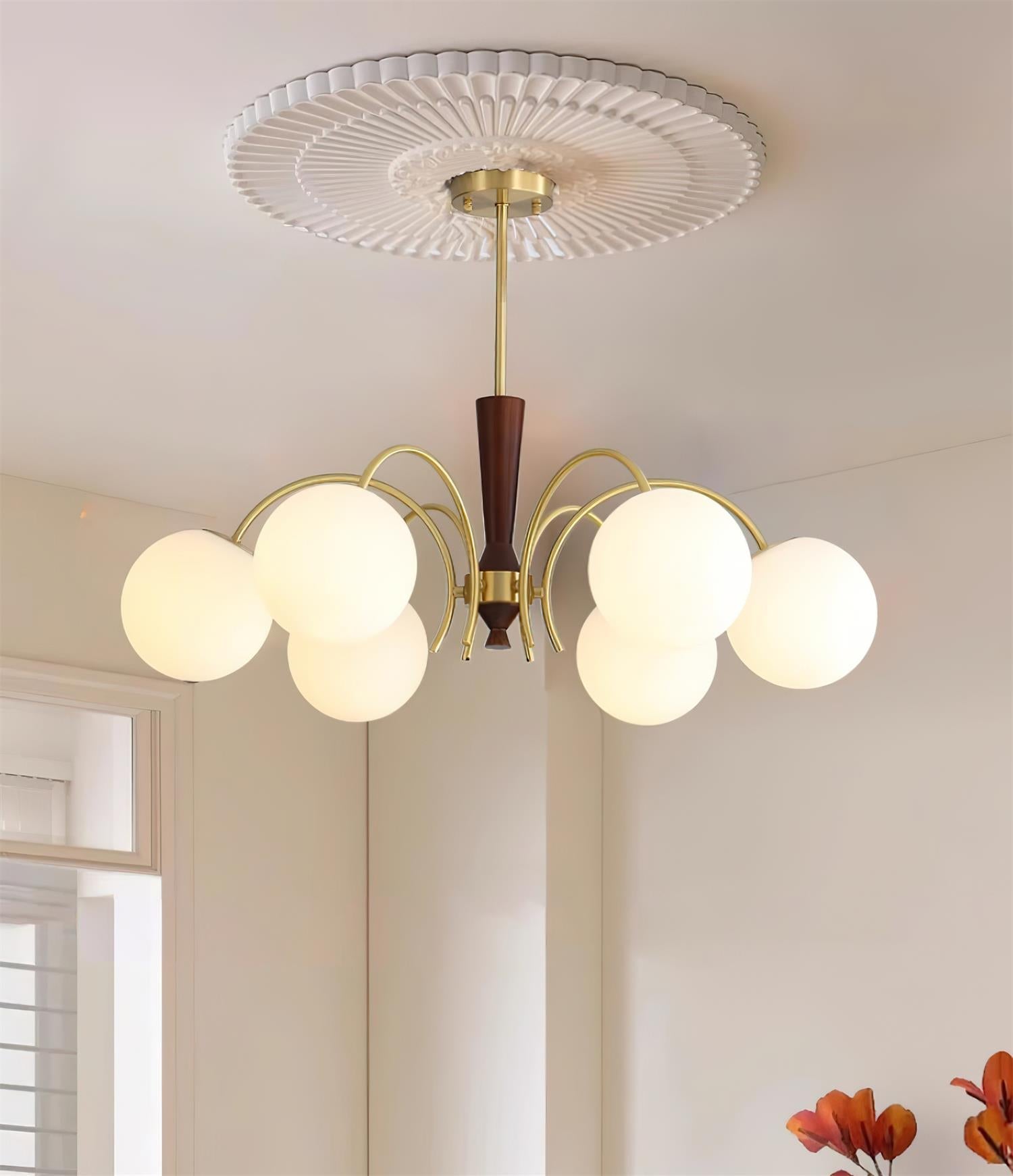 Veslo Brass and Wood Globe Chandelier