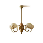 Linnea Glass Chandelier with walnut spindle and brass arms.