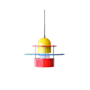 Rolly Pendant Light with yellow, red, and blue geometric metal shapes.