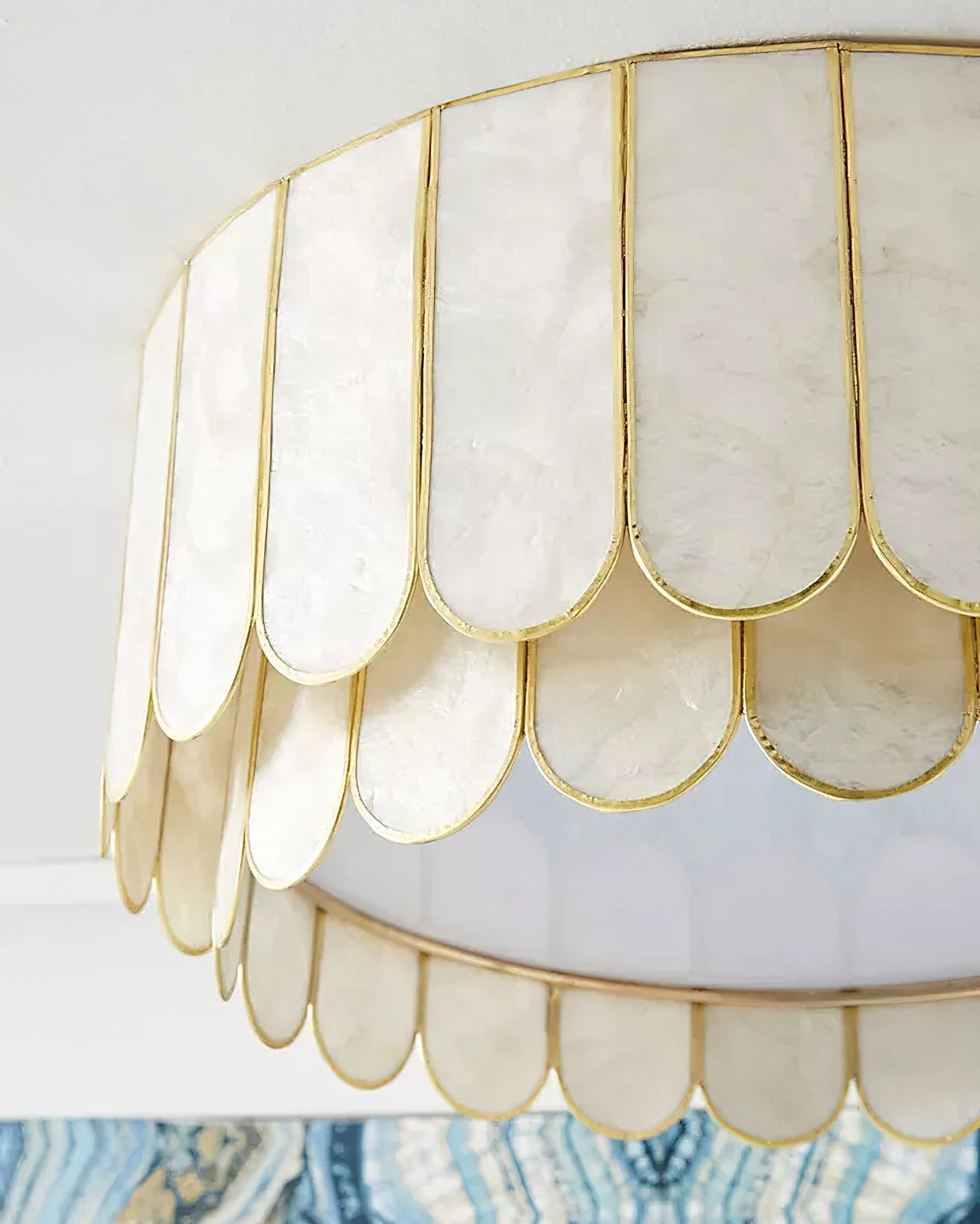 View of the Rosa Capiz Ceiling Lamp from below, showing the flower design.
