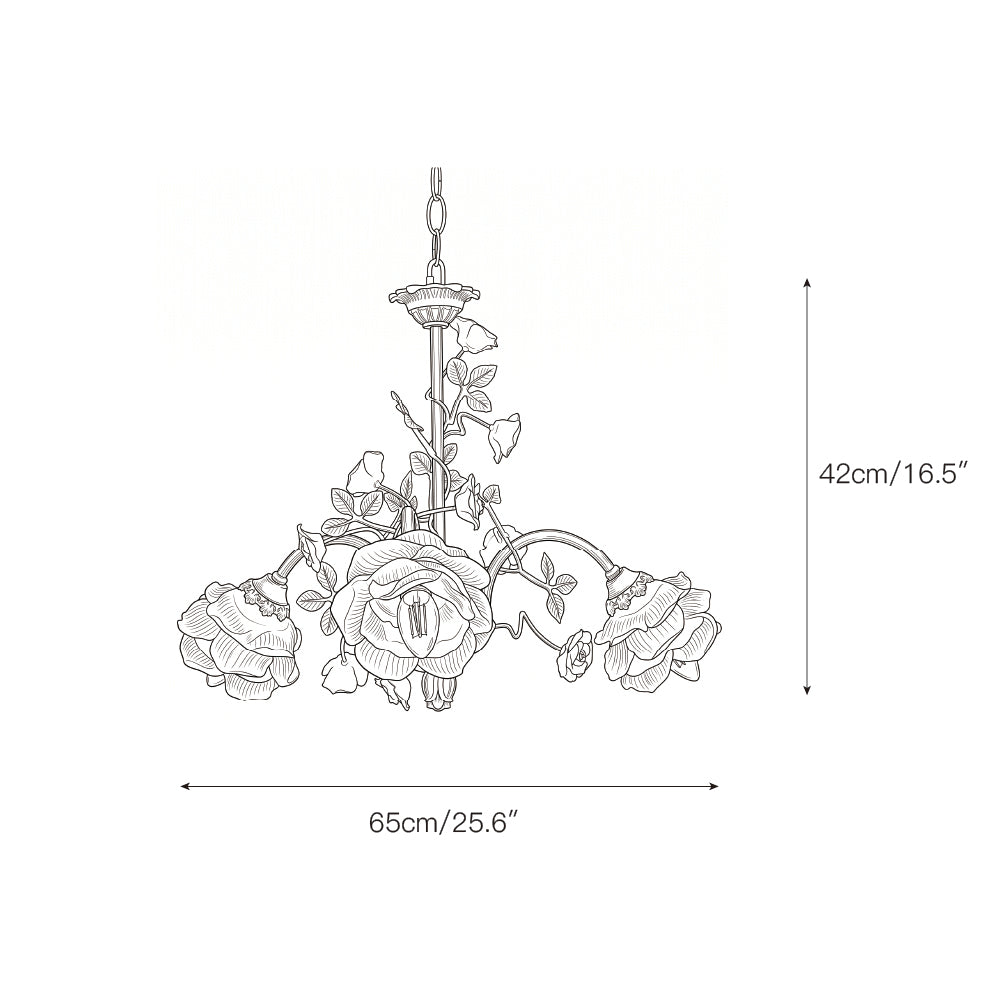 Close-up of the meticulously crafted pink porcelain roses on the chandelier.