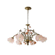Rosalie Floral Chandelier with pink ceramic roses and an antique brass frame.