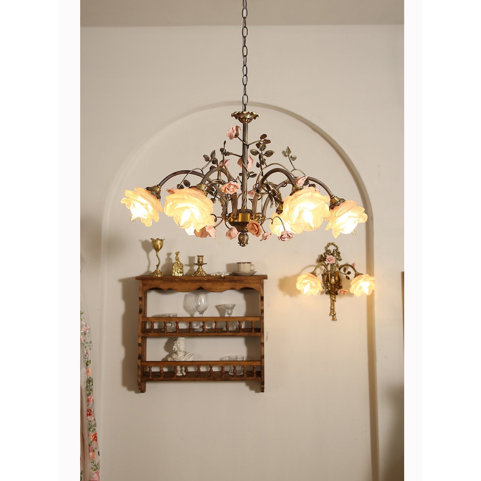 Side profile of the Rosalie Floral Chandelier, displaying its height and shape.