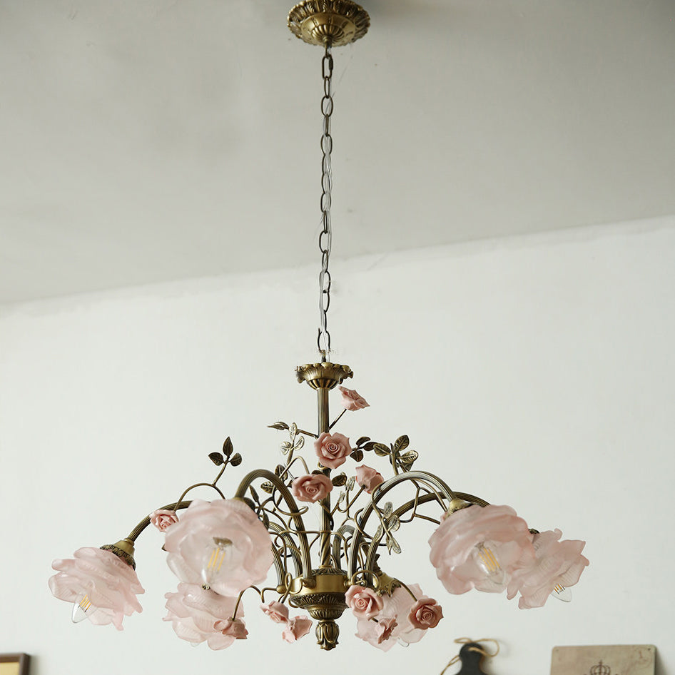 The 6-head version of the Rosalie Floral Chandelier against a plain background.