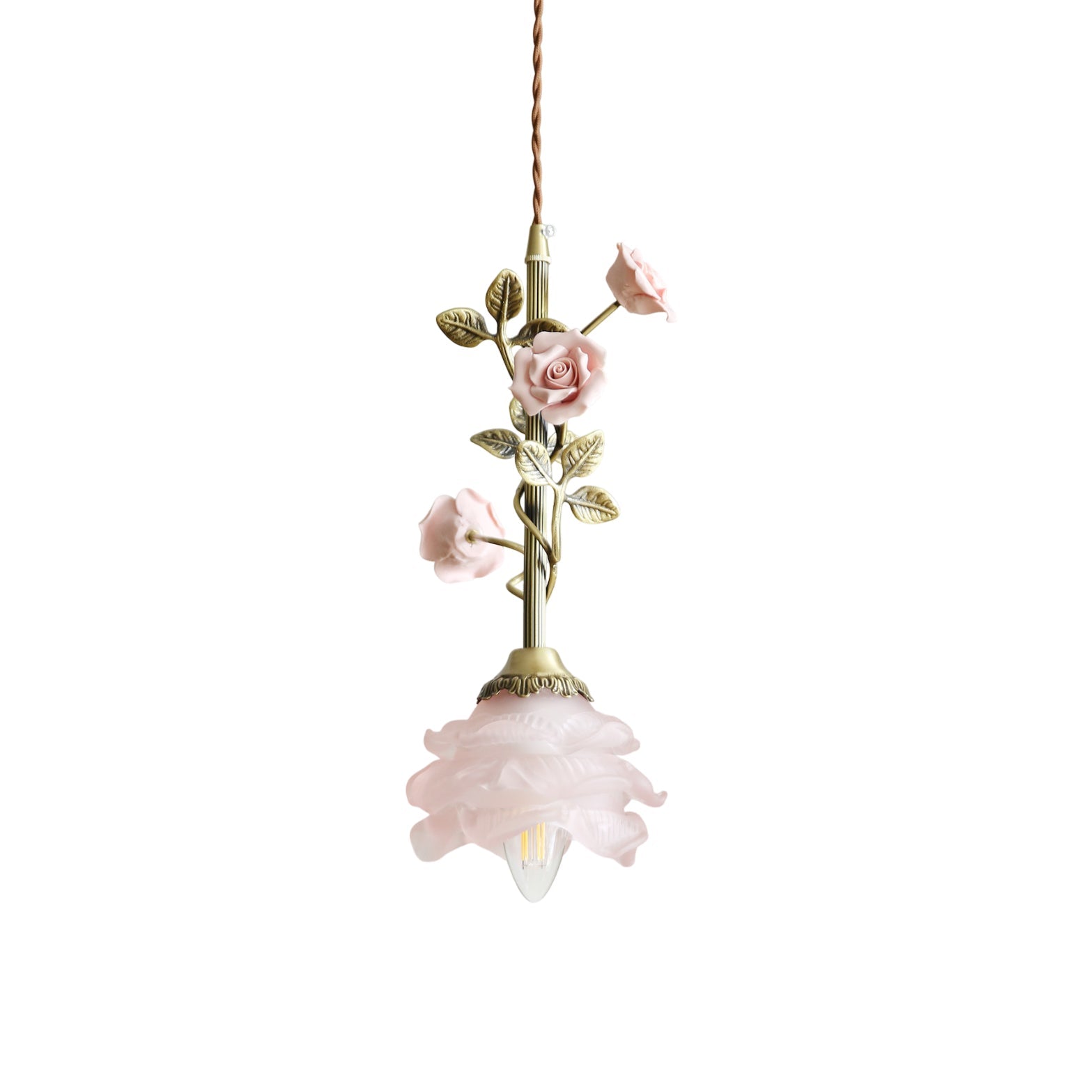 Rosalie Floral Pendant Lamp with a pink glass rose shade.