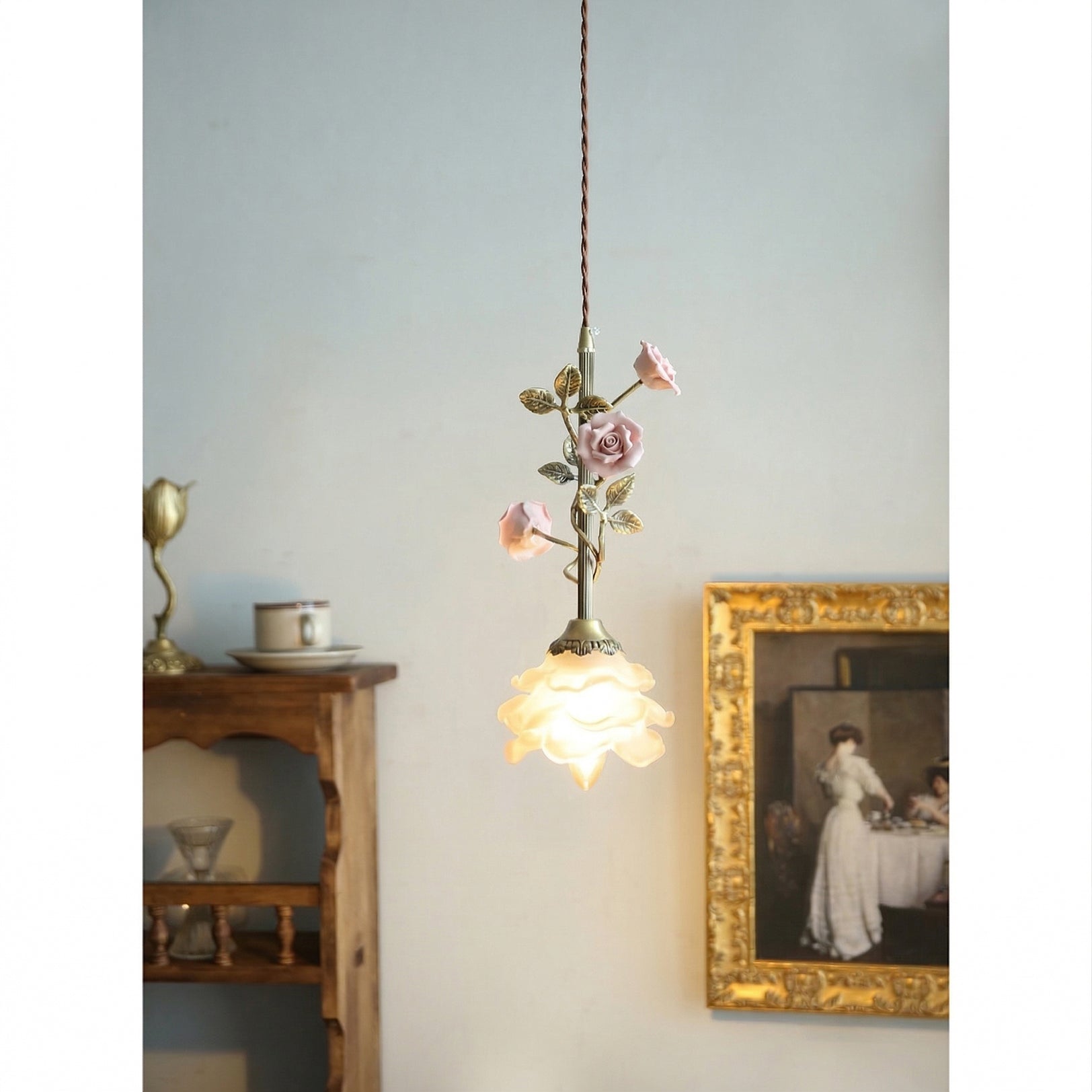 Side profile of the Rosalie Floral Pendant Lamp against a neutral background.