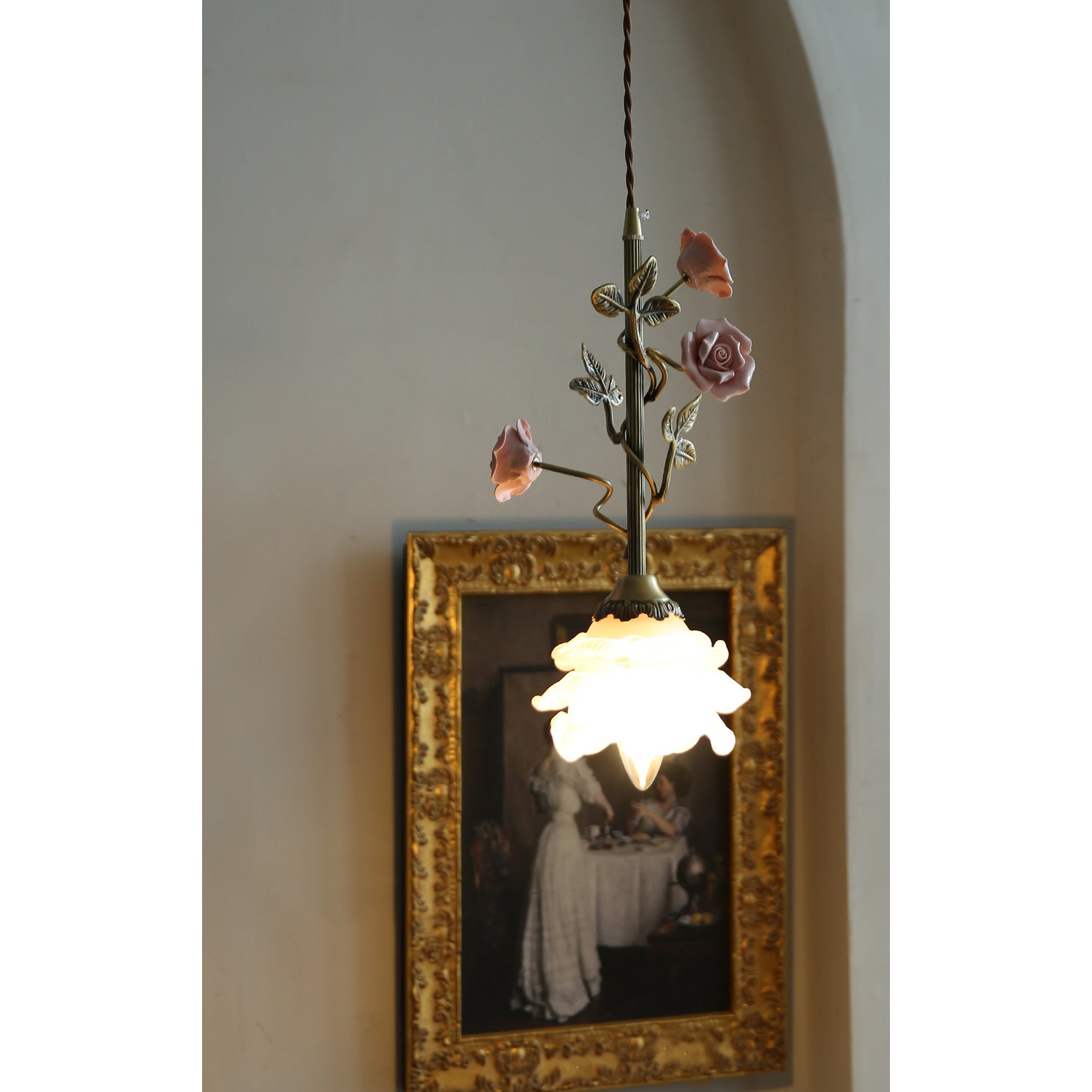 The lamp illuminated, casting a warm glow.