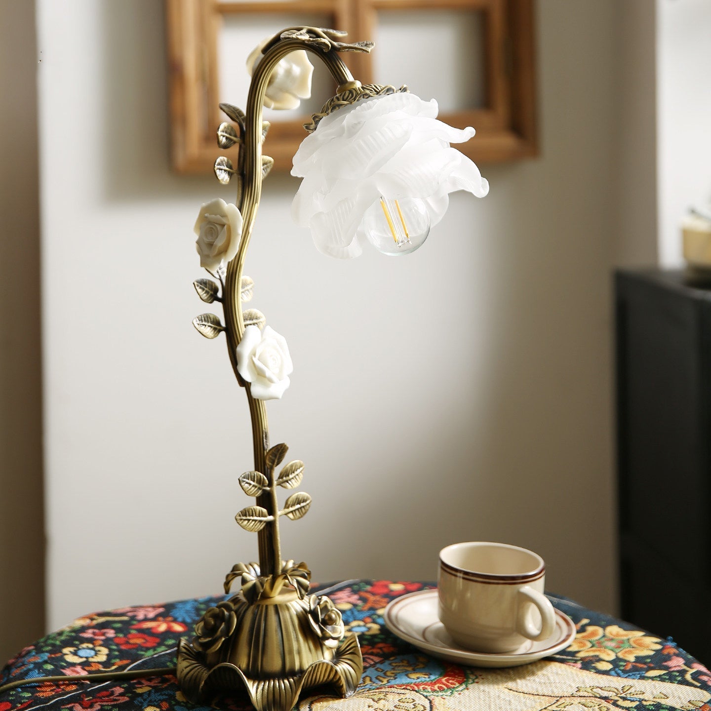 Close-up of the antique brass base and body.