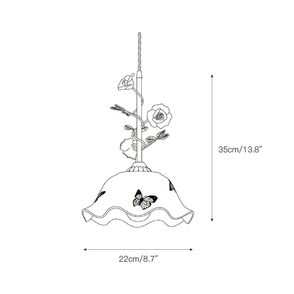 Angled view of the pendant lamp showcasing its floral and butterfly design.