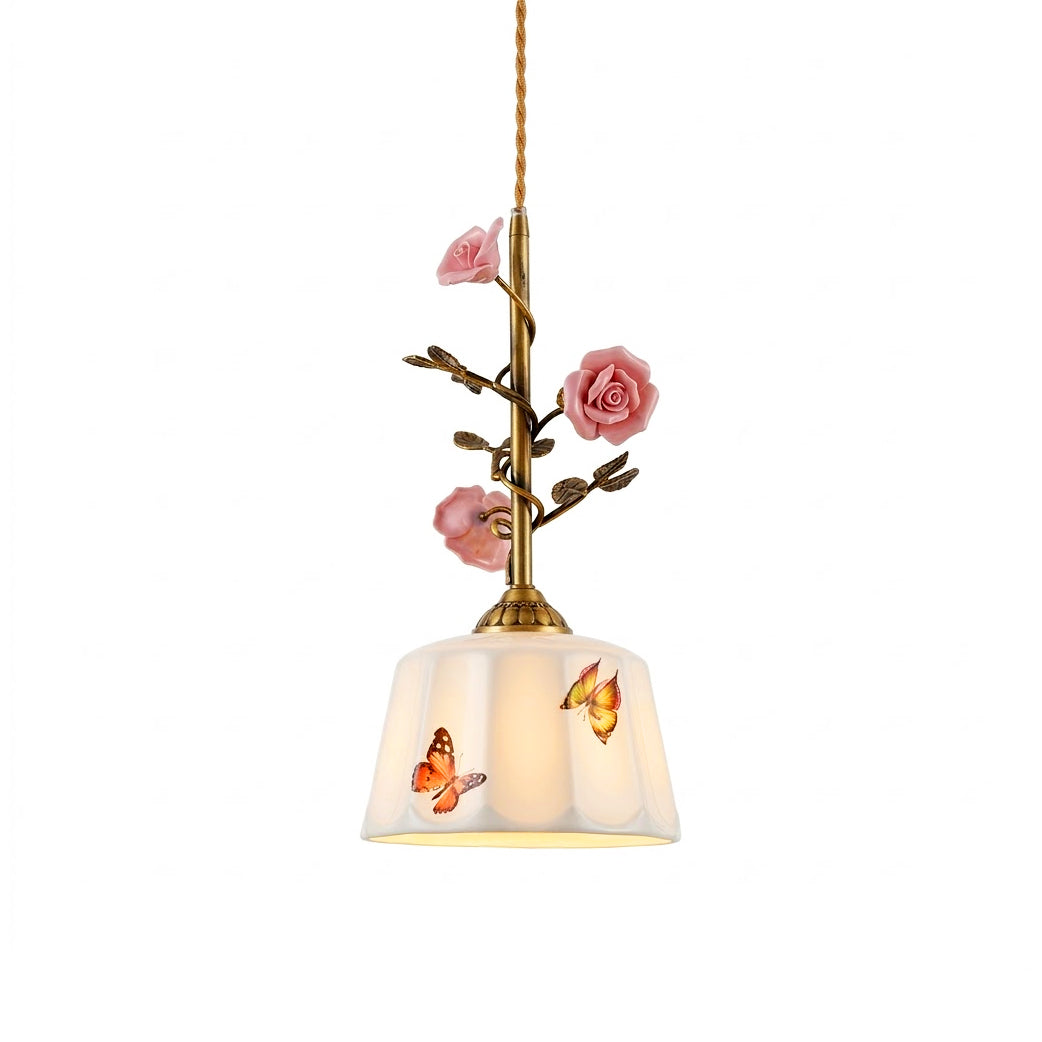Rosalind Bloom Pendant Lamp with pink ceramic roses against a plain background.