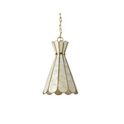 Rosalind Capiz Petal Pendant Lamp hanging in a stylish room.