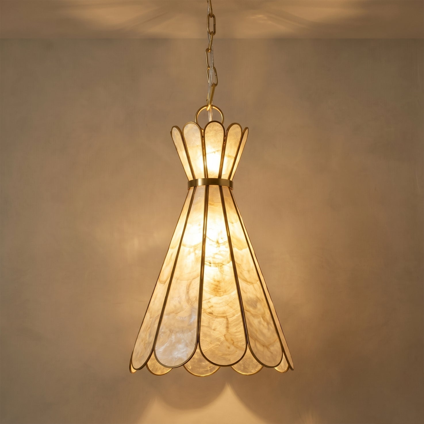 Close-up view of the delicate capiz shell petals on the Rosalind lamp.