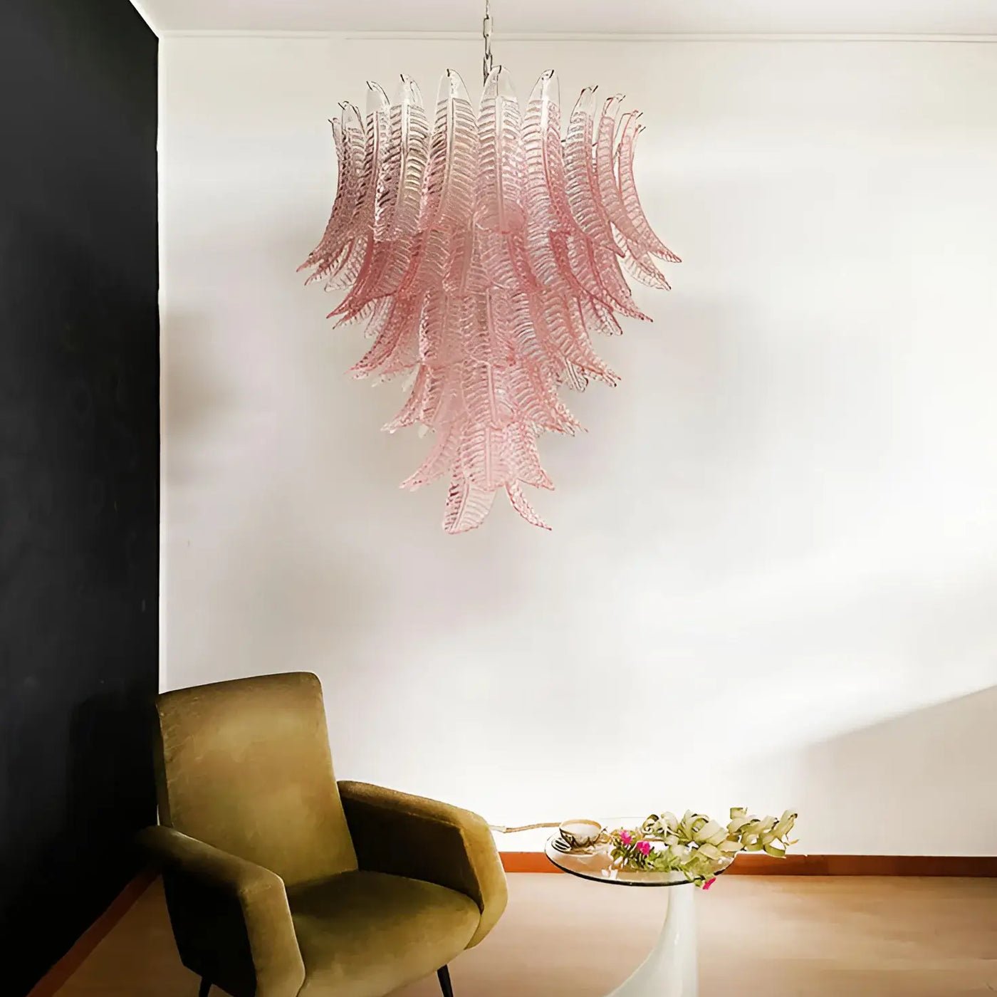Aurora Chandelier Pink Murano Glass Leaves Cascading Romantic-Neutral Decor