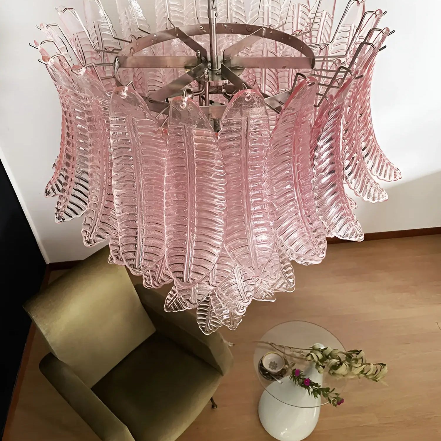 Aurora Chandelier Pink Murano Glass Leaves Cascading Romantic-Neutral Decor