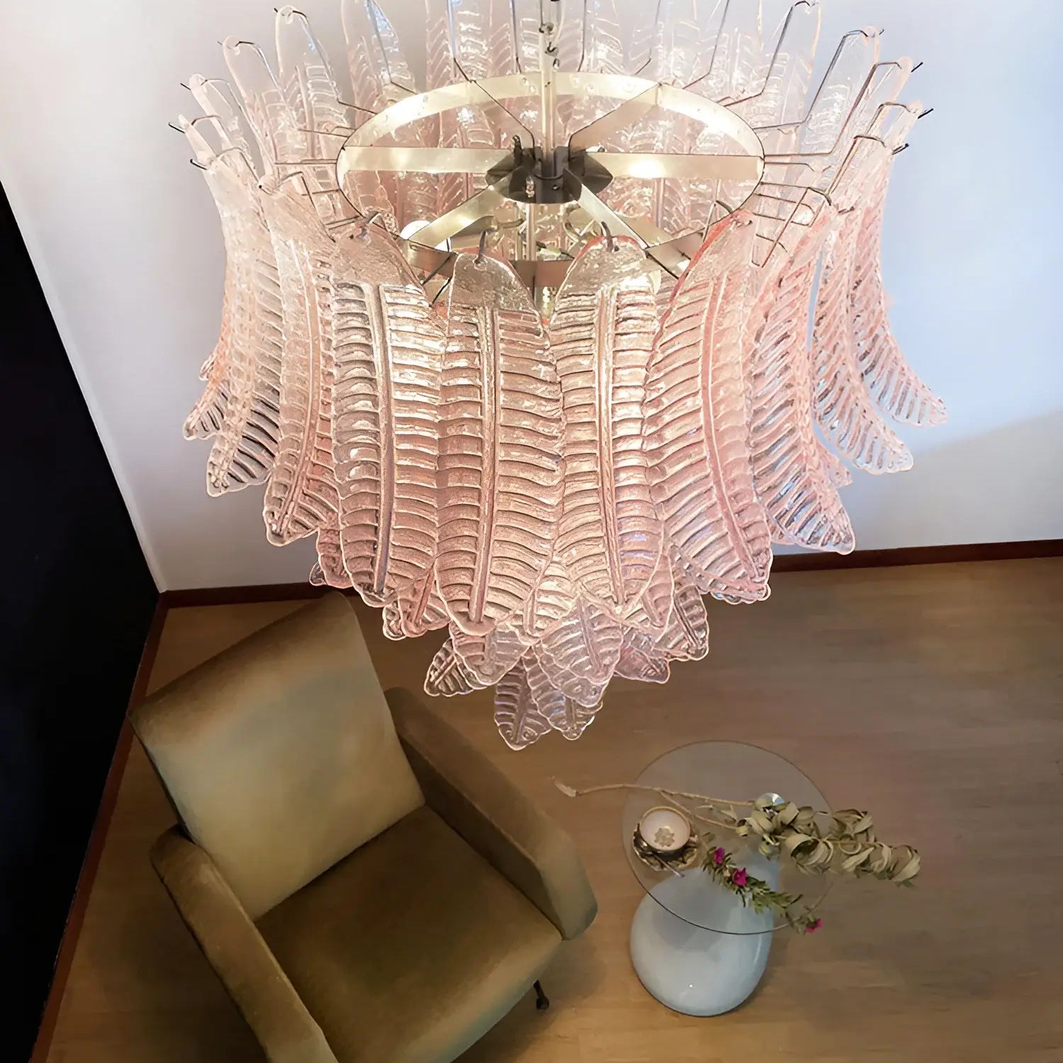 Aurora Chandelier Pink Murano Glass Leaves Cascading Romantic-Neutral Decor