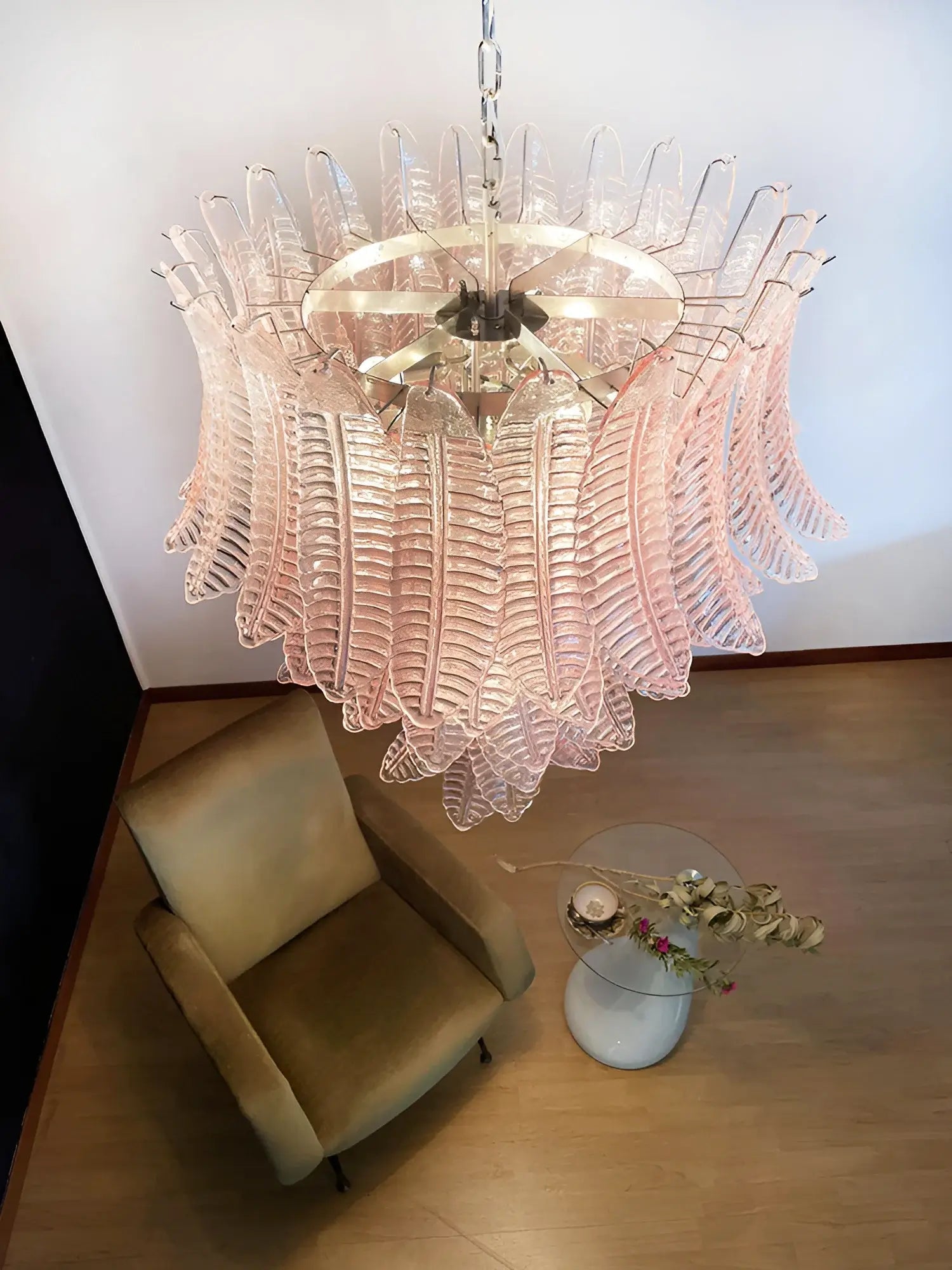 Aurora Chandelier Pink Murano Glass Leaves Cascading Romantic-Neutral Decor