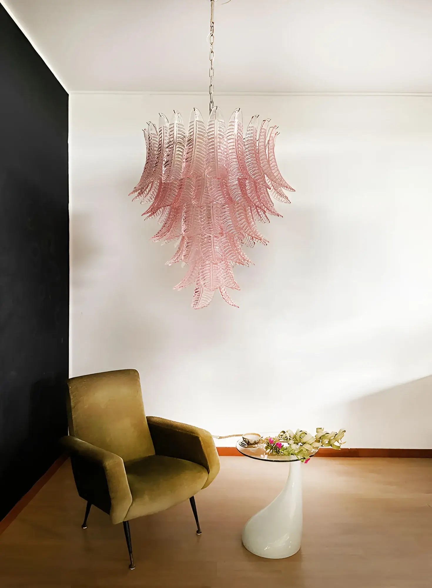 Aurora Chandelier Pink Murano Glass Leaves Cascading Romantic-Neutral Decor
