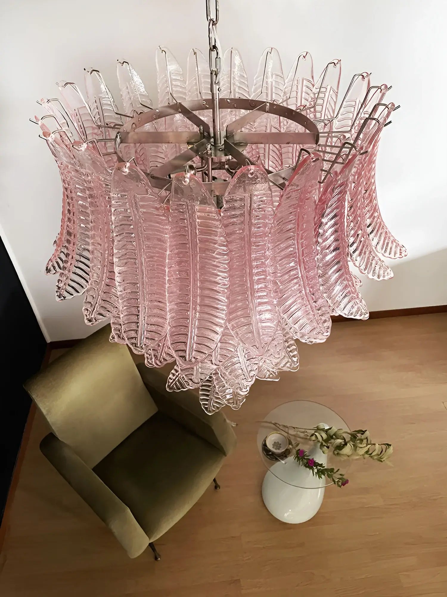 Aurora Chandelier Pink Murano Glass Leaves Cascading Romantic-Neutral Decor