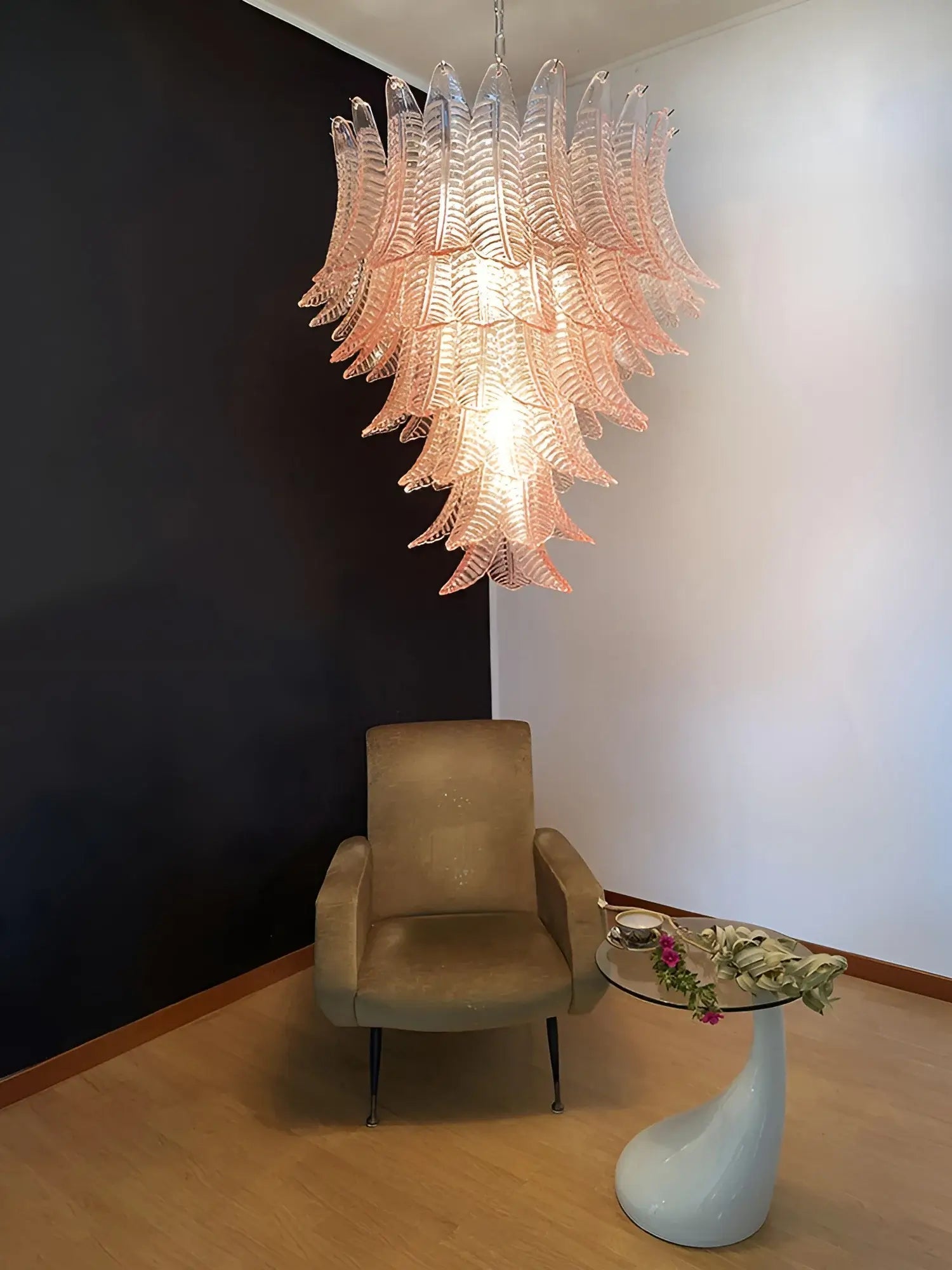 Aurora Chandelier Pink Murano Glass Leaves Cascading Romantic-Neutral Decor
