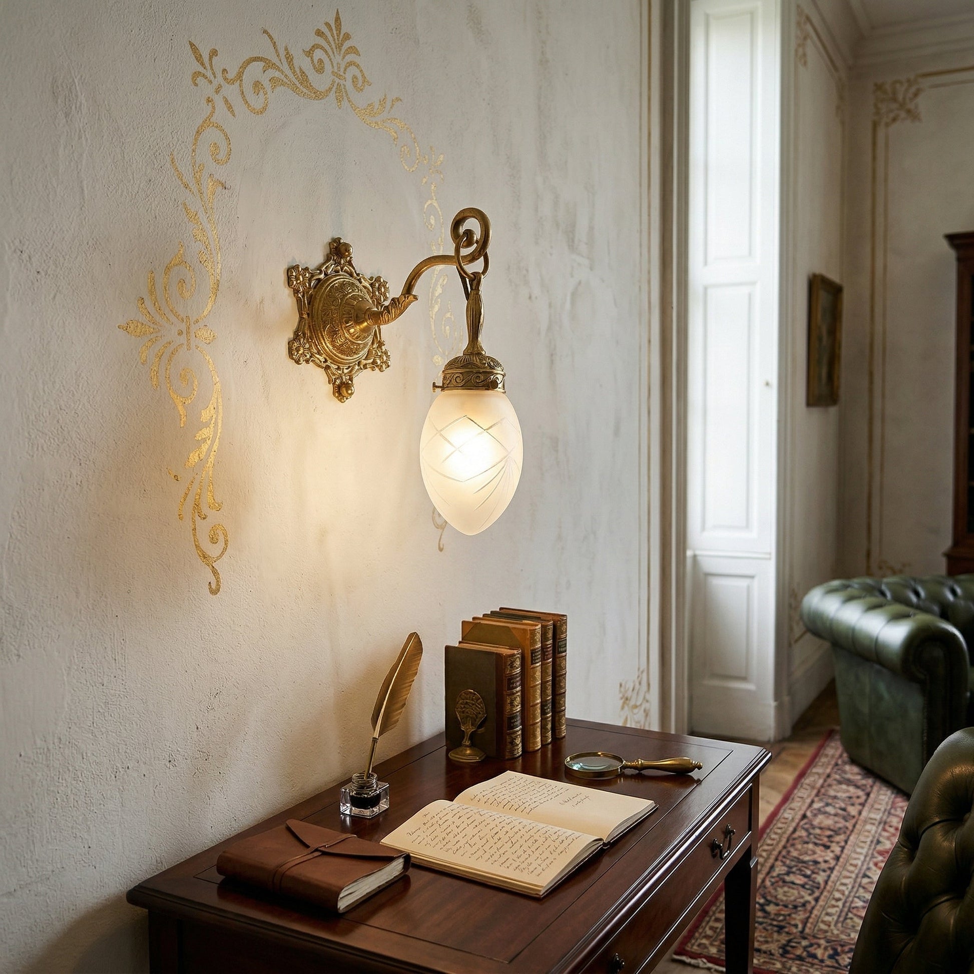 Solange wall lamp illuminated, casting a warm glow.