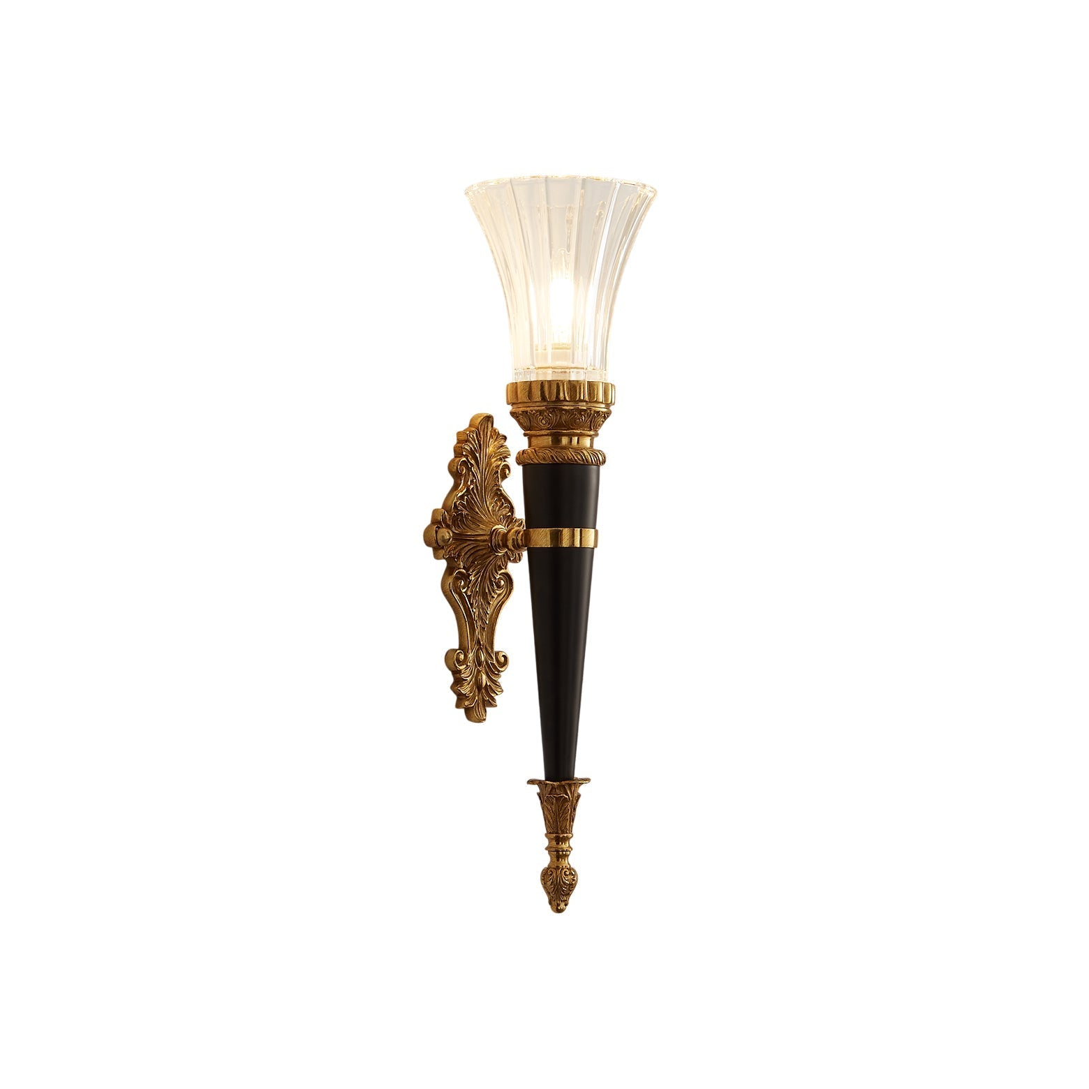 Rosalinda Torch Wall Lamp in brass with a clear glass shade.