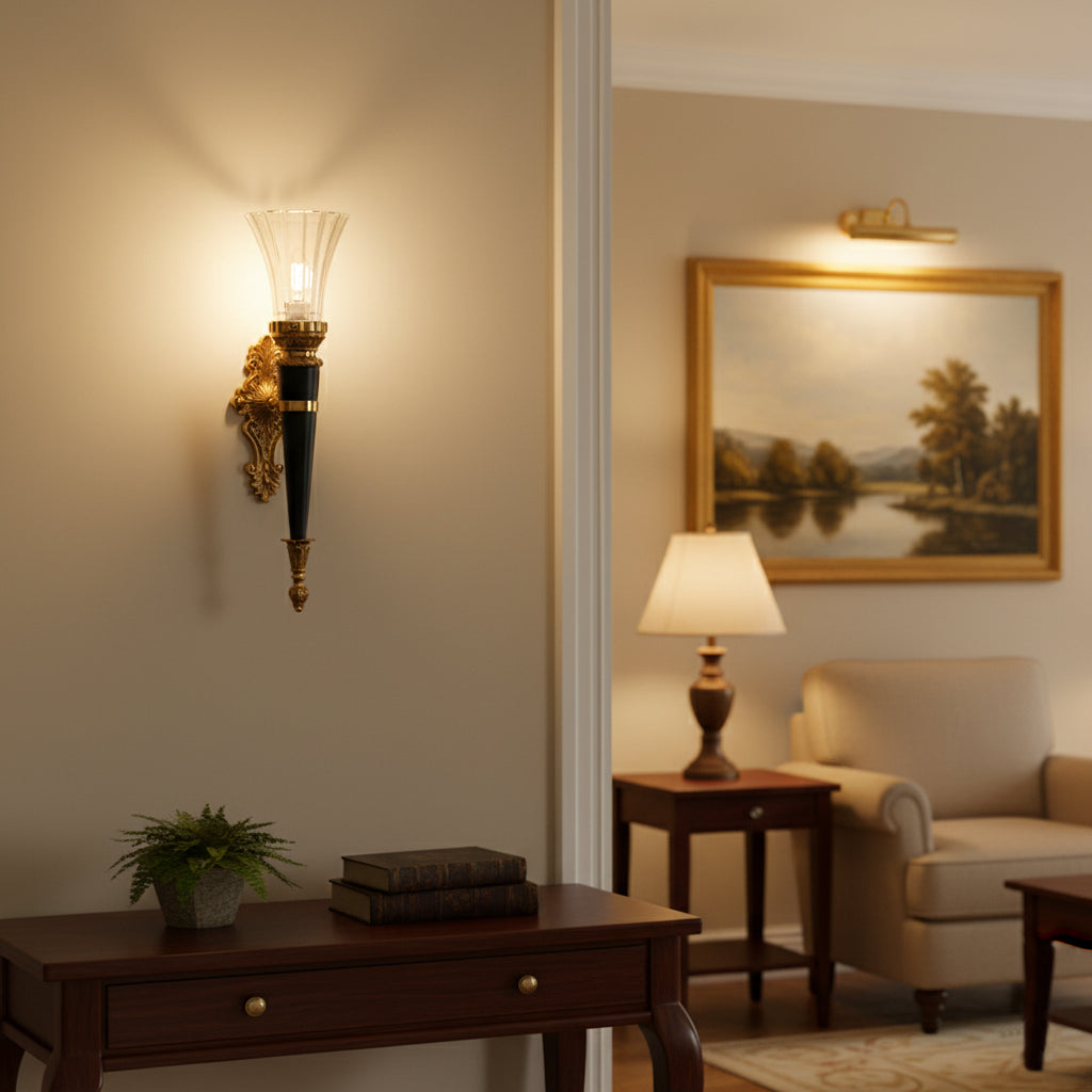 Rosalinda Torch Wall Lamp against a light wall.