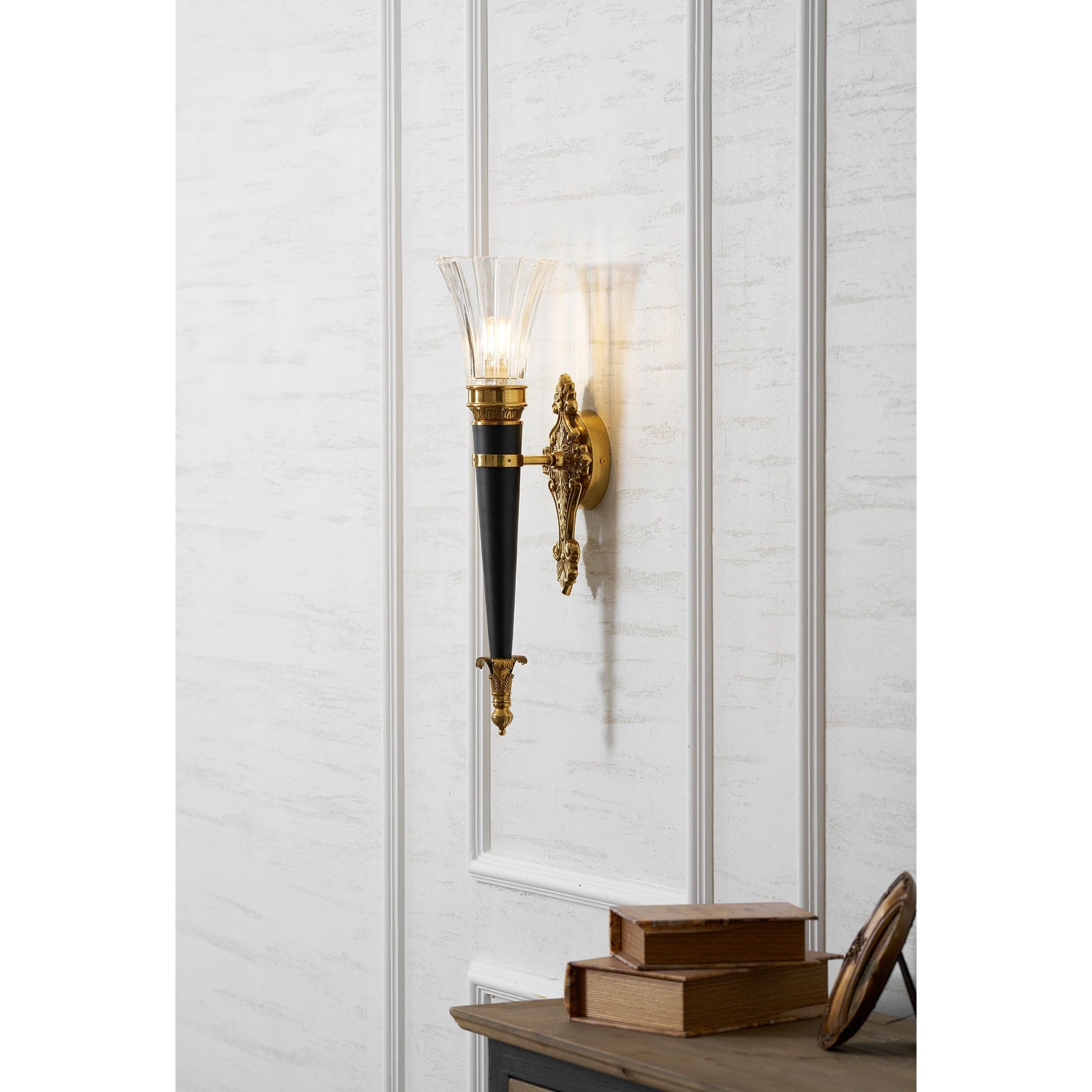 Another angle of the Rosalinda Torch Wall Lamp in brass.
