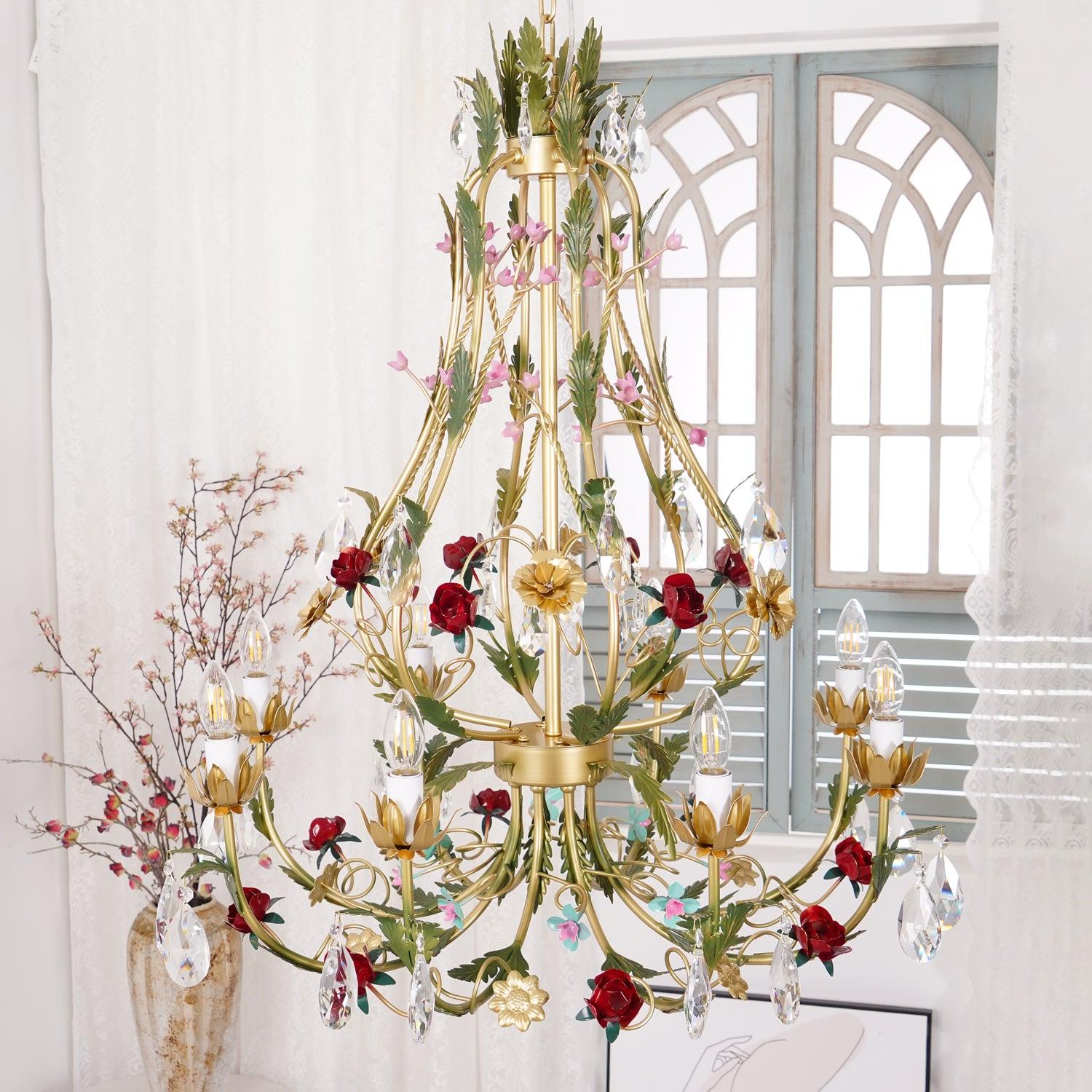 Dythan Chandelier Brass Floral Rose Crystal Candle-Neutral Decor