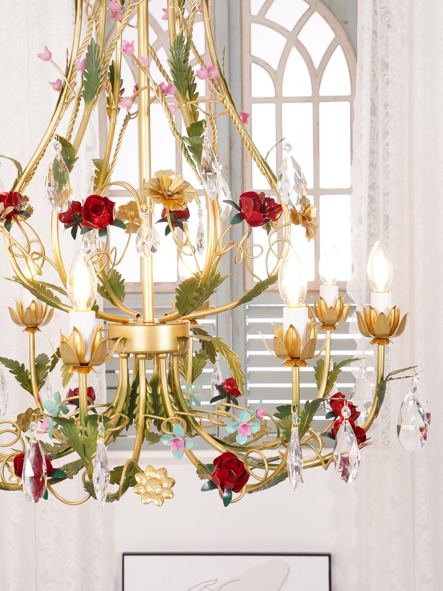 Dythan Chandelier Brass Floral Rose Crystal Candle-Neutral Decor
